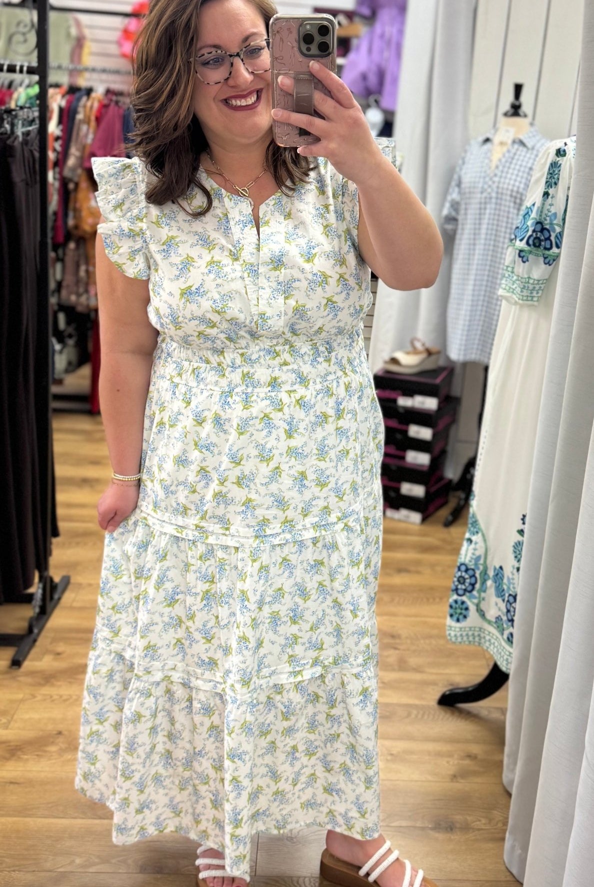 Off White Floral Ruffle Sleeved Midi Dress with Smocked Waist - A'Bekah's Boutique