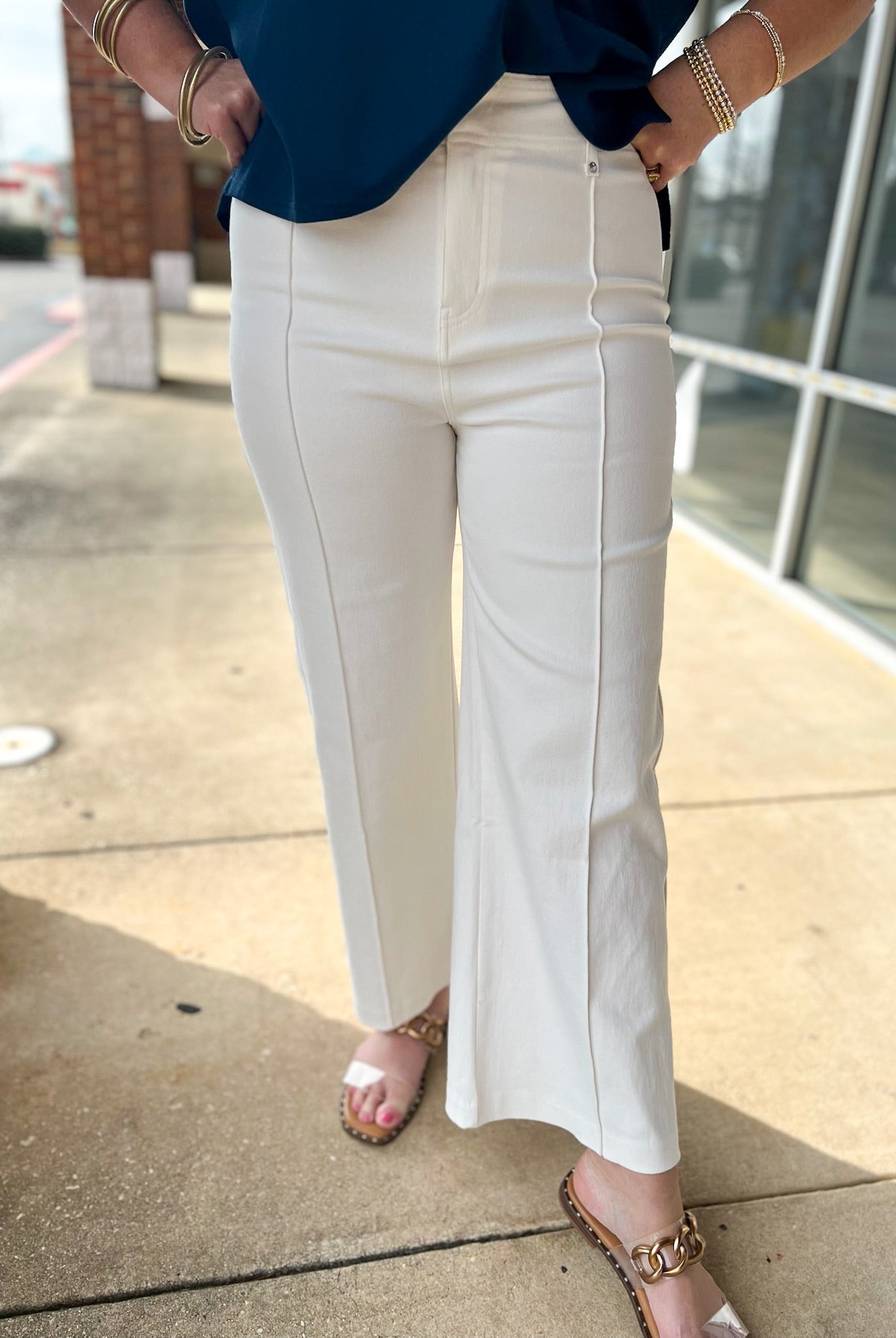 Off White High Waisted Wide Leg Pants with Pintuck Detail - A'Bekah's Boutique