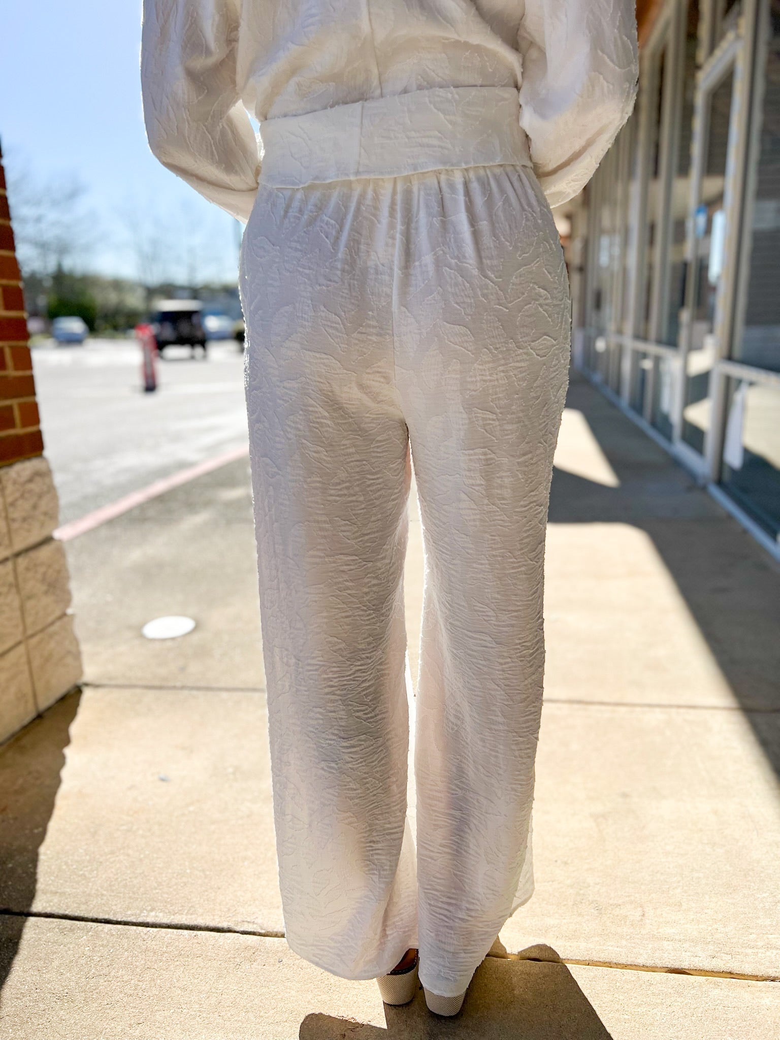 Off White Jacquard High Waisted Wide Leg Pants - A'Bekah's Boutique