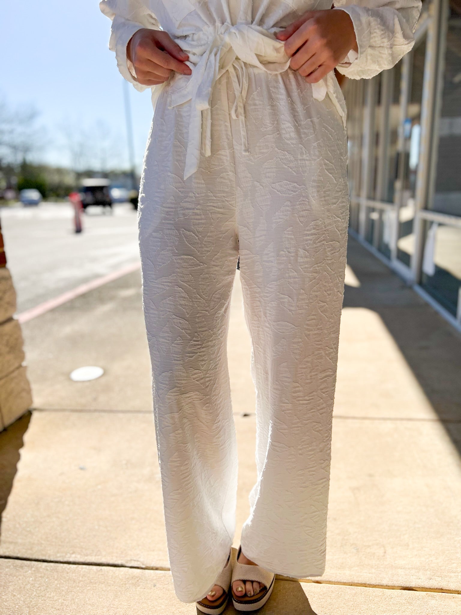Off White Jacquard High Waisted Wide Leg Pants - A'Bekah's Boutique