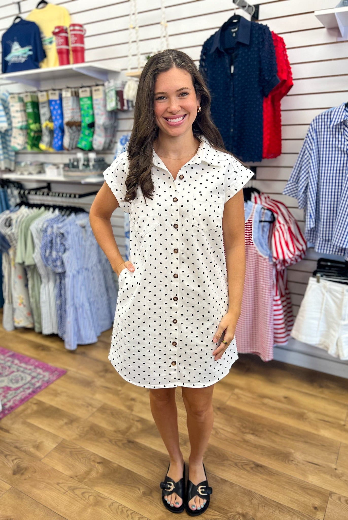 Off White Polka Dot Sleeveless Shirt Dress with Pockets - A'Bekah's Boutique