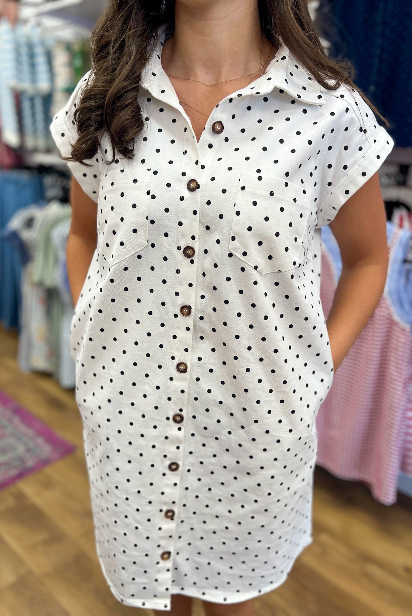 Off White Polka Dot Sleeveless Shirt Dress with Pockets - A'Bekah's Boutique