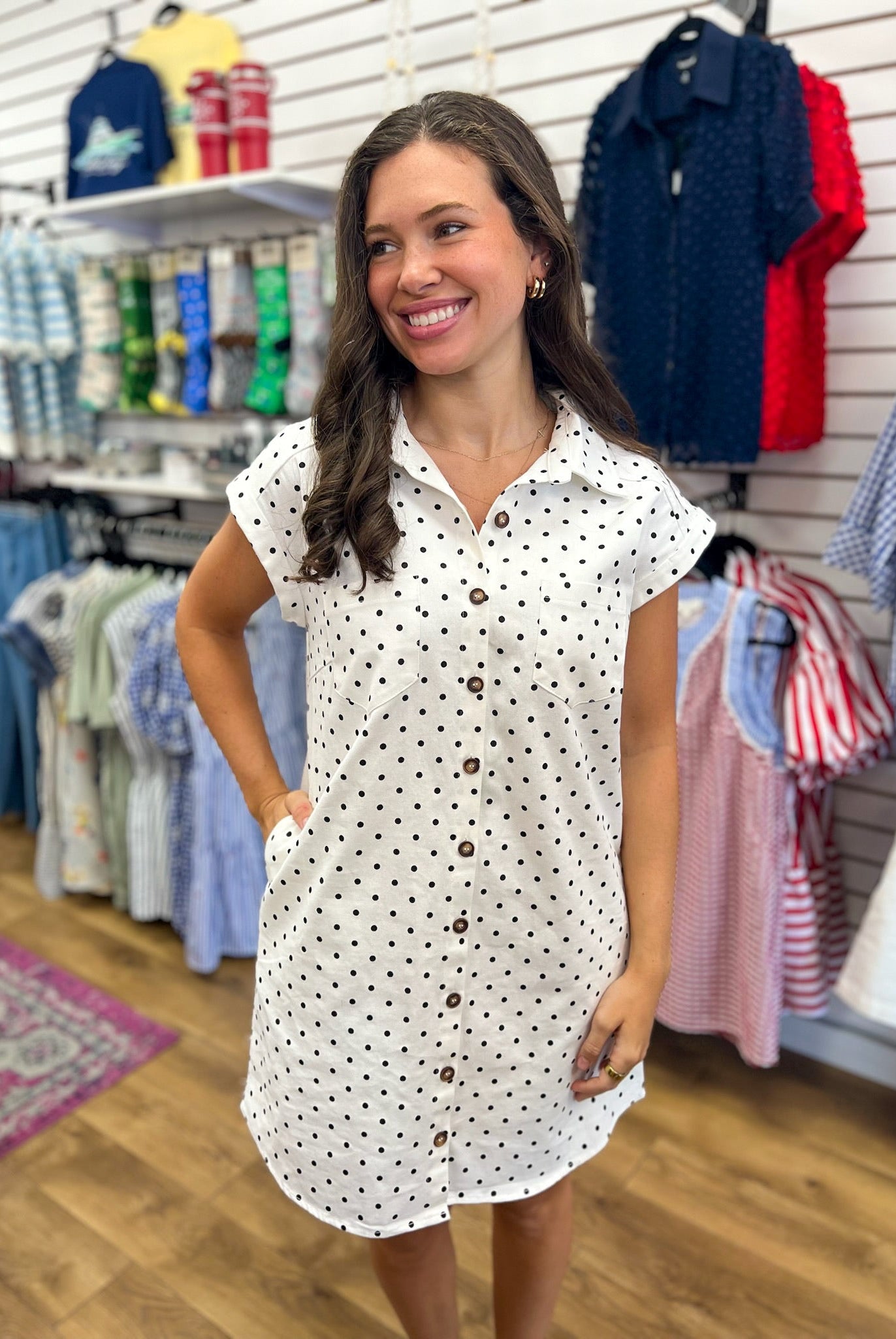 Off White Polka Dot Sleeveless Shirt Dress with Pockets - A'Bekah's Boutique