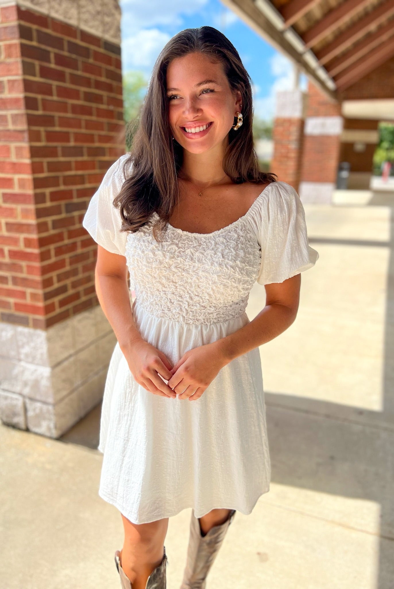Off White Short Sleeve Dress with Textured Bodice - A'Bekah's Boutique