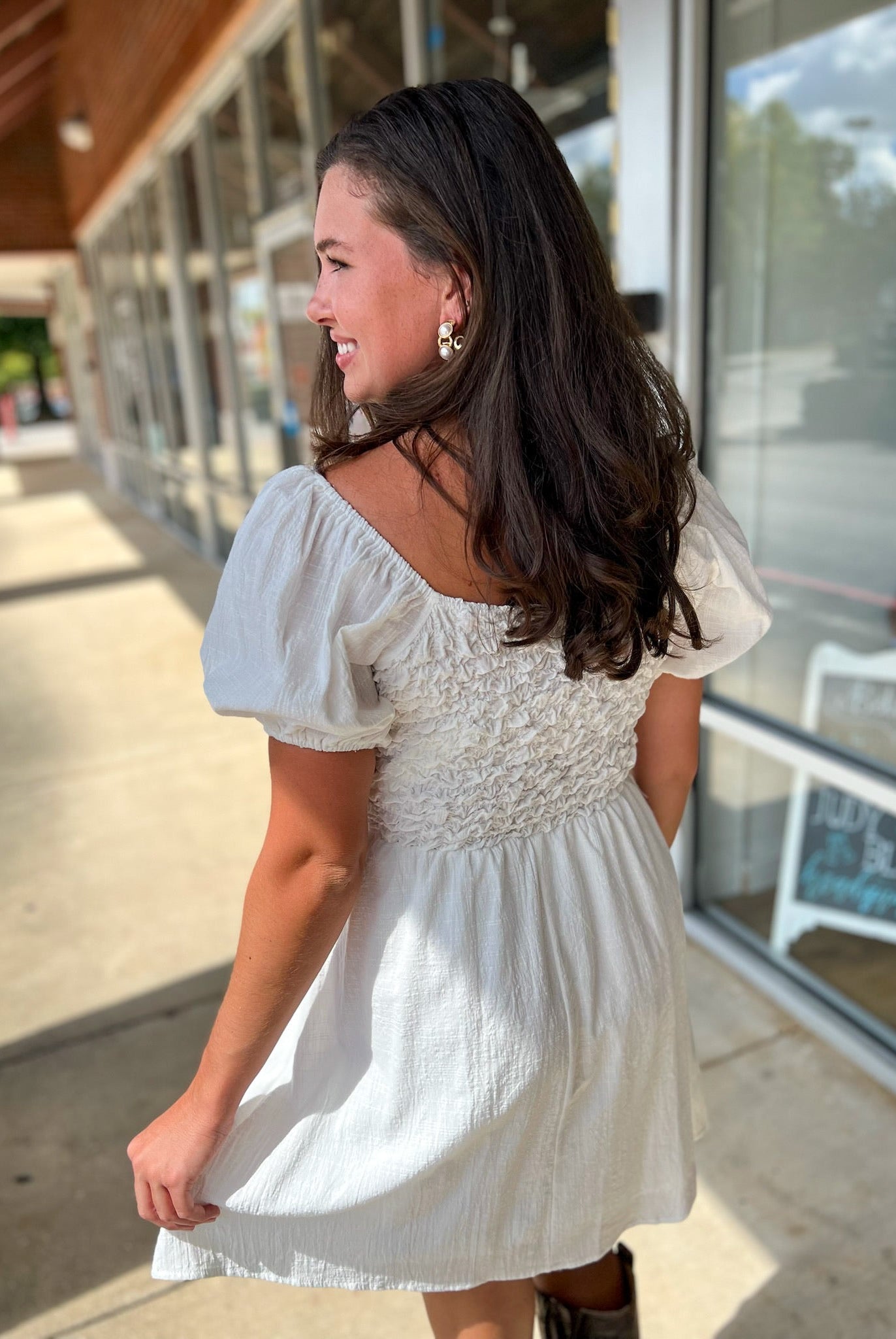 Off White Short Sleeve Dress with Textured Bodice - A'Bekah's Boutique