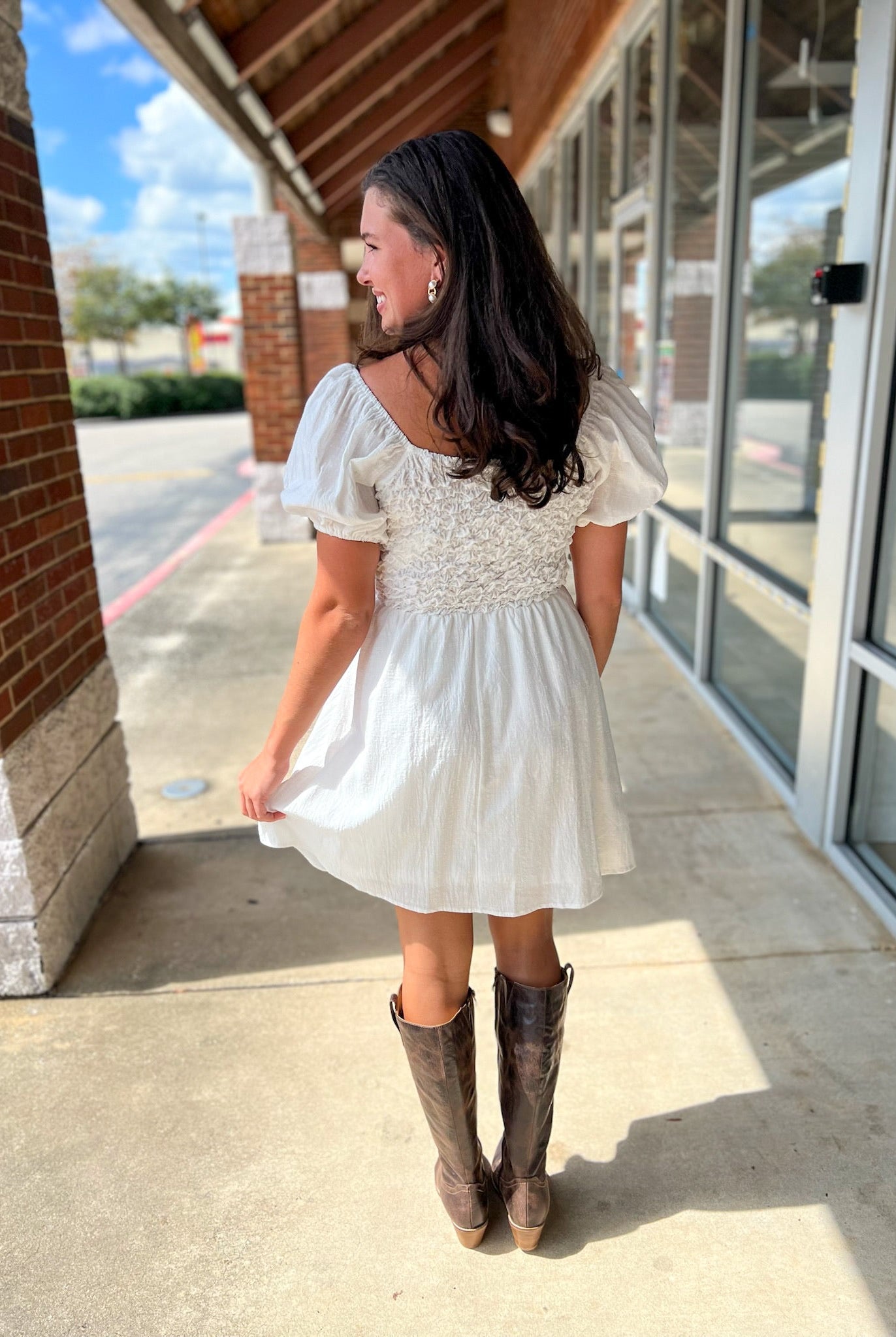 Off White Short Sleeve Dress with Textured Bodice - A'Bekah's Boutique