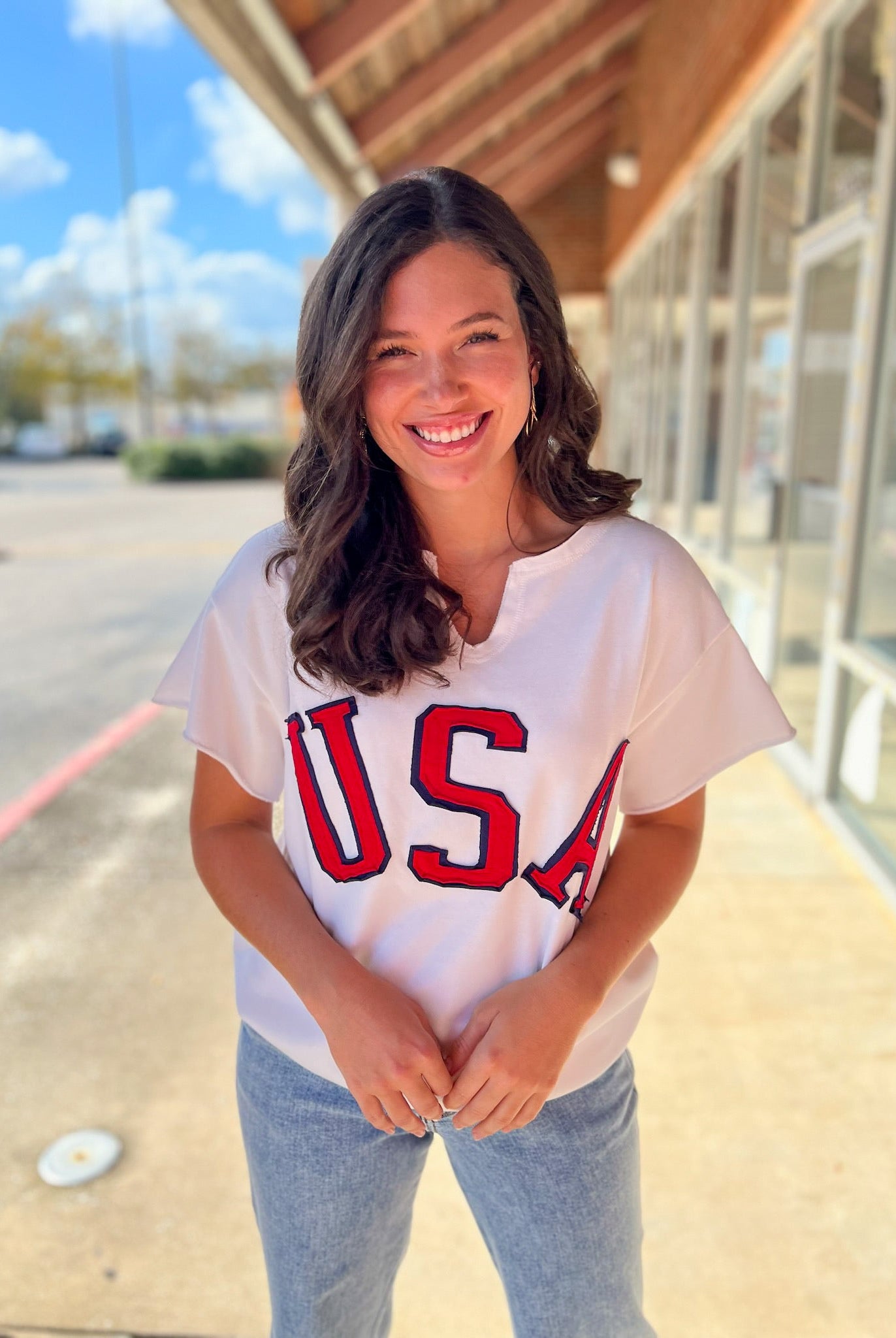 Off White Short SleeveV - Neck USA Sweatshirt - A'Bekah's Boutique