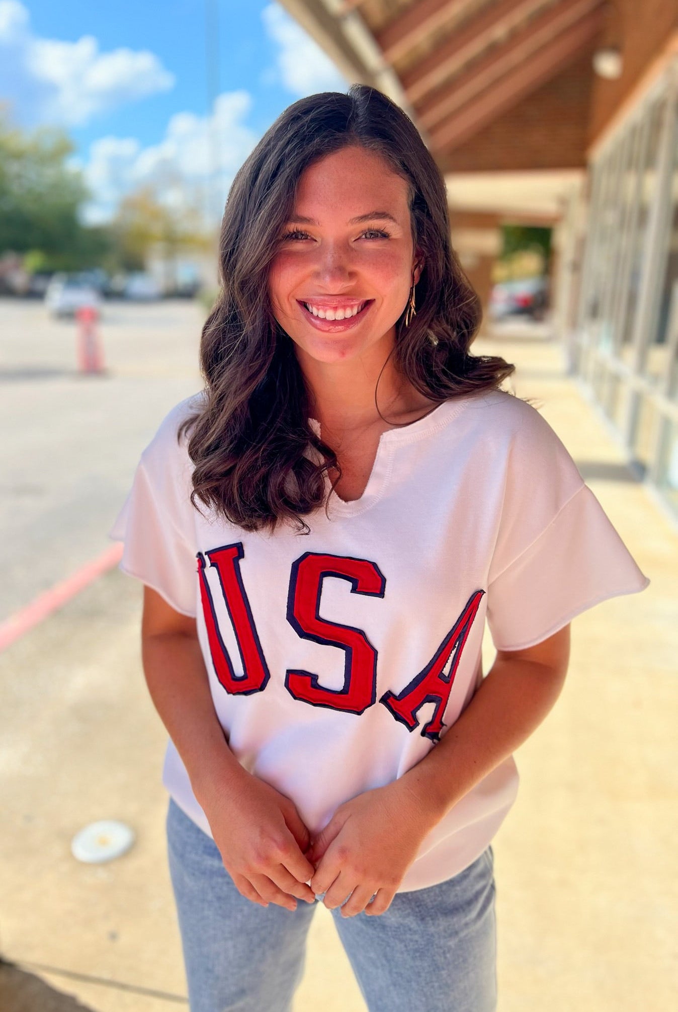 Off White Short SleeveV - Neck USA Sweatshirt - A'Bekah's Boutique