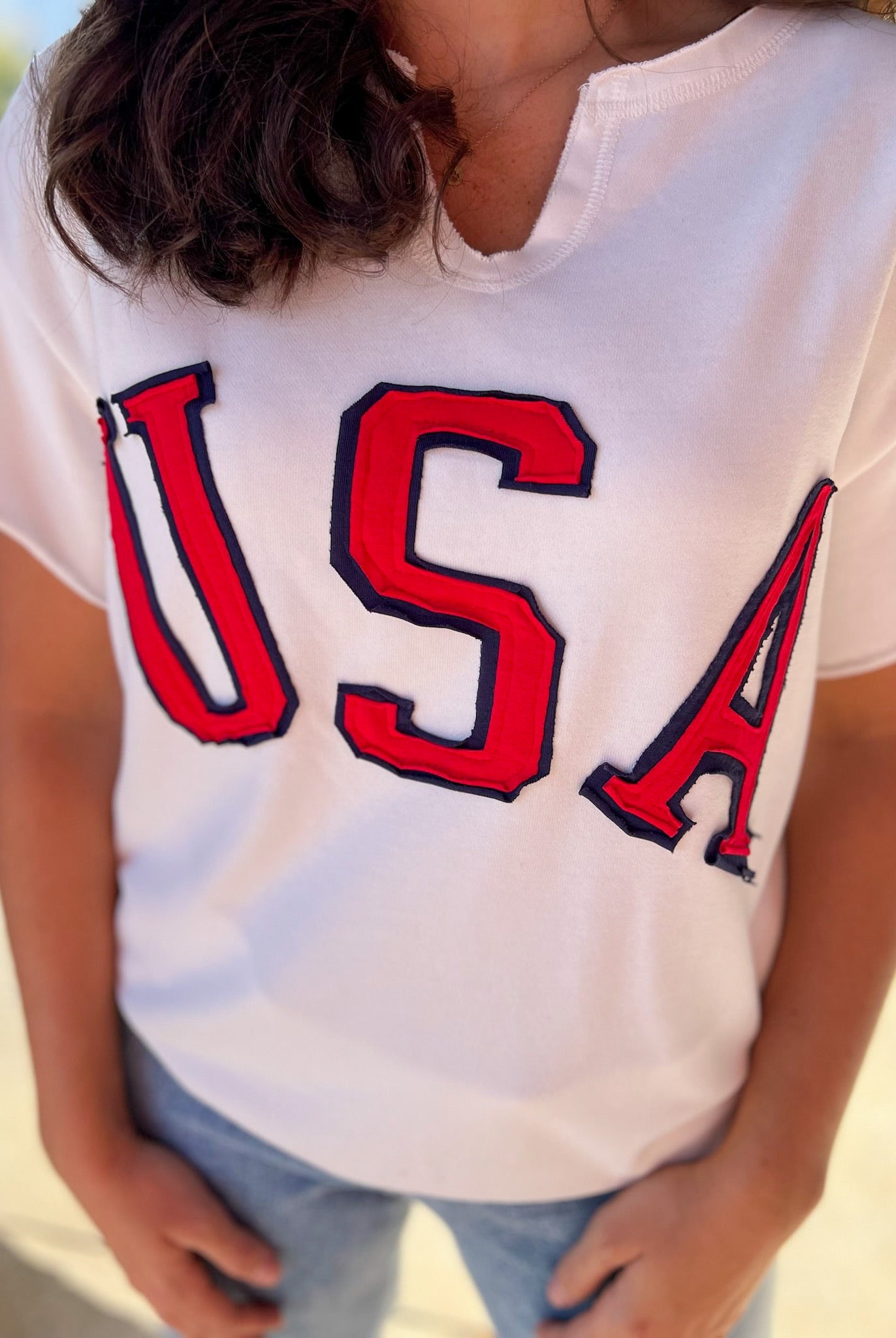 Off White Short SleeveV - Neck USA Sweatshirt - A'Bekah's Boutique