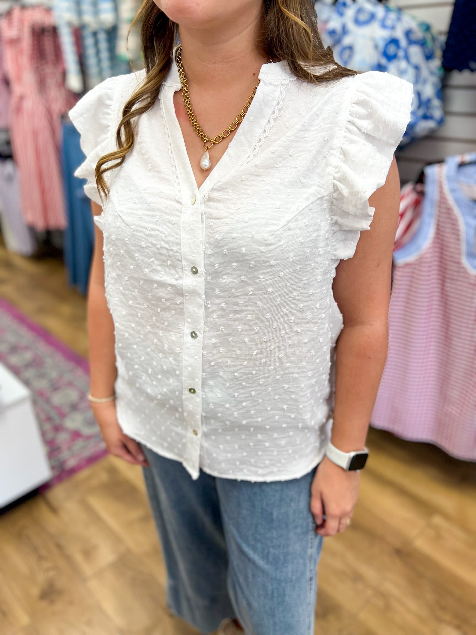 Off White Swiss Dot Top with Ruffle Cap Sleeves - A'Bekah's Boutique