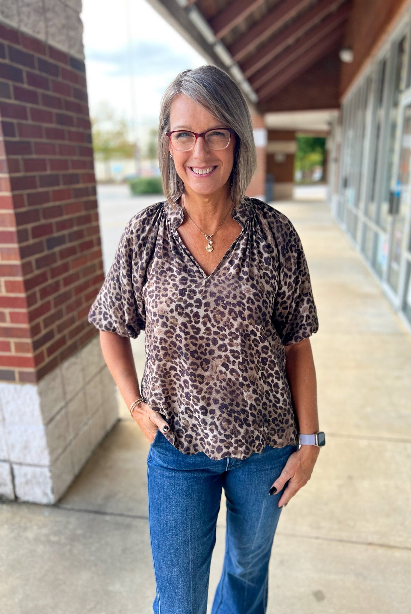 Olive Animal Print Bubble Sleeve V - Neck Top with Scalloped Hem (R) - A'Bekah's Boutique