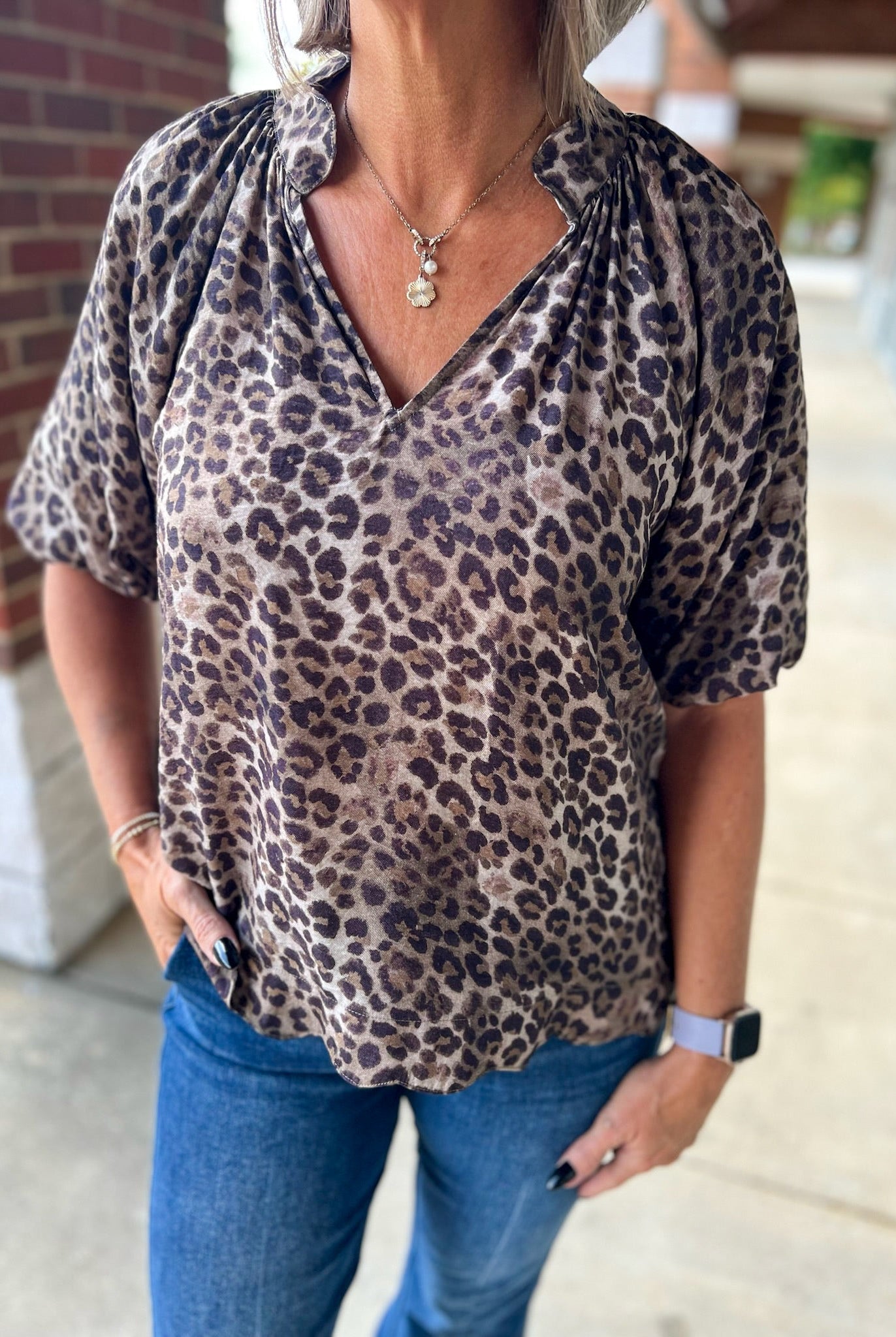 Olive Animal Print Bubble Sleeve V - Neck Top with Scalloped Hem (R) - A'Bekah's Boutique