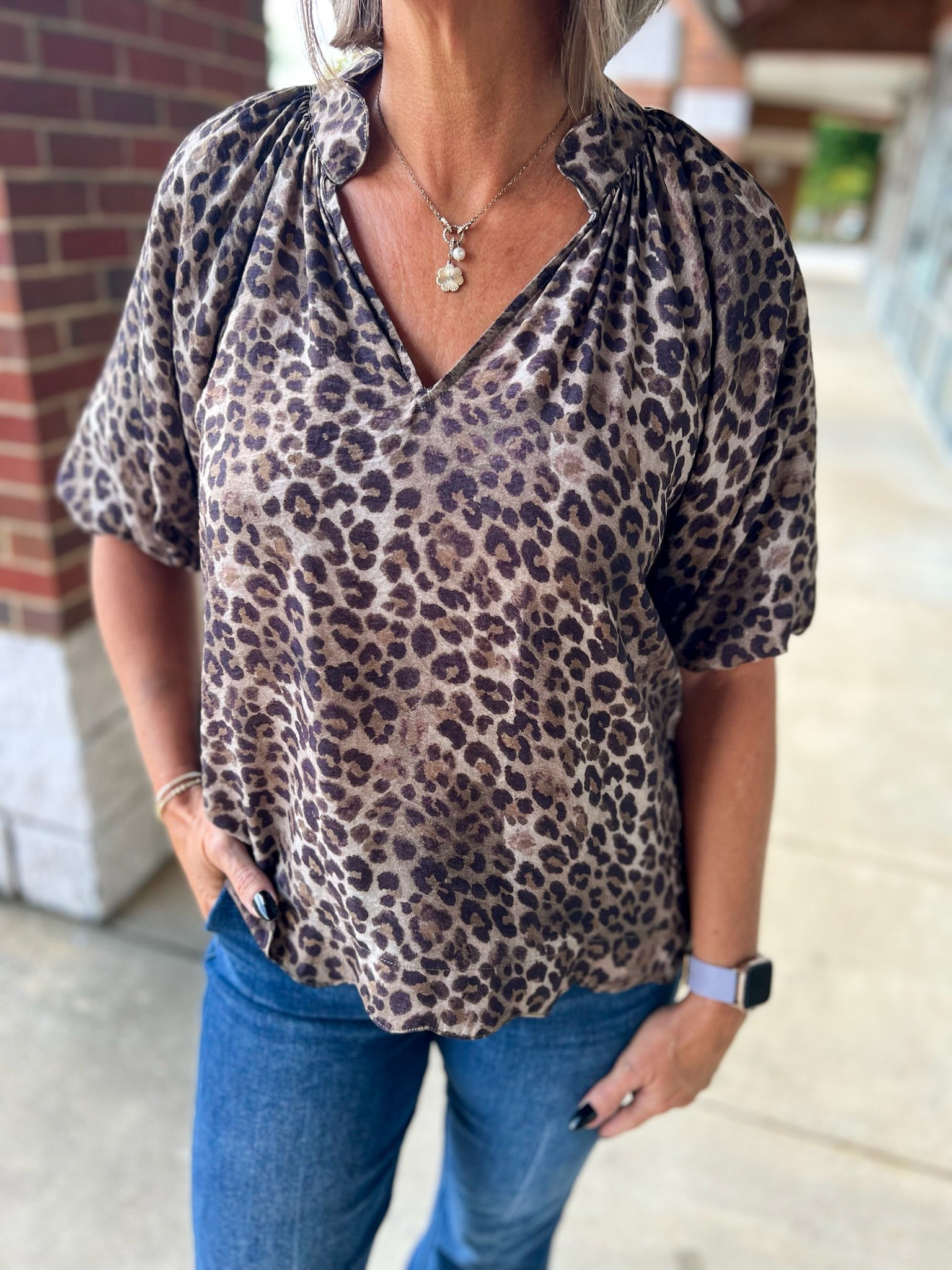 Olive Animal Print Bubble Sleeve V - Neck Top with Scalloped Hem (R) - A'Bekah's Boutique