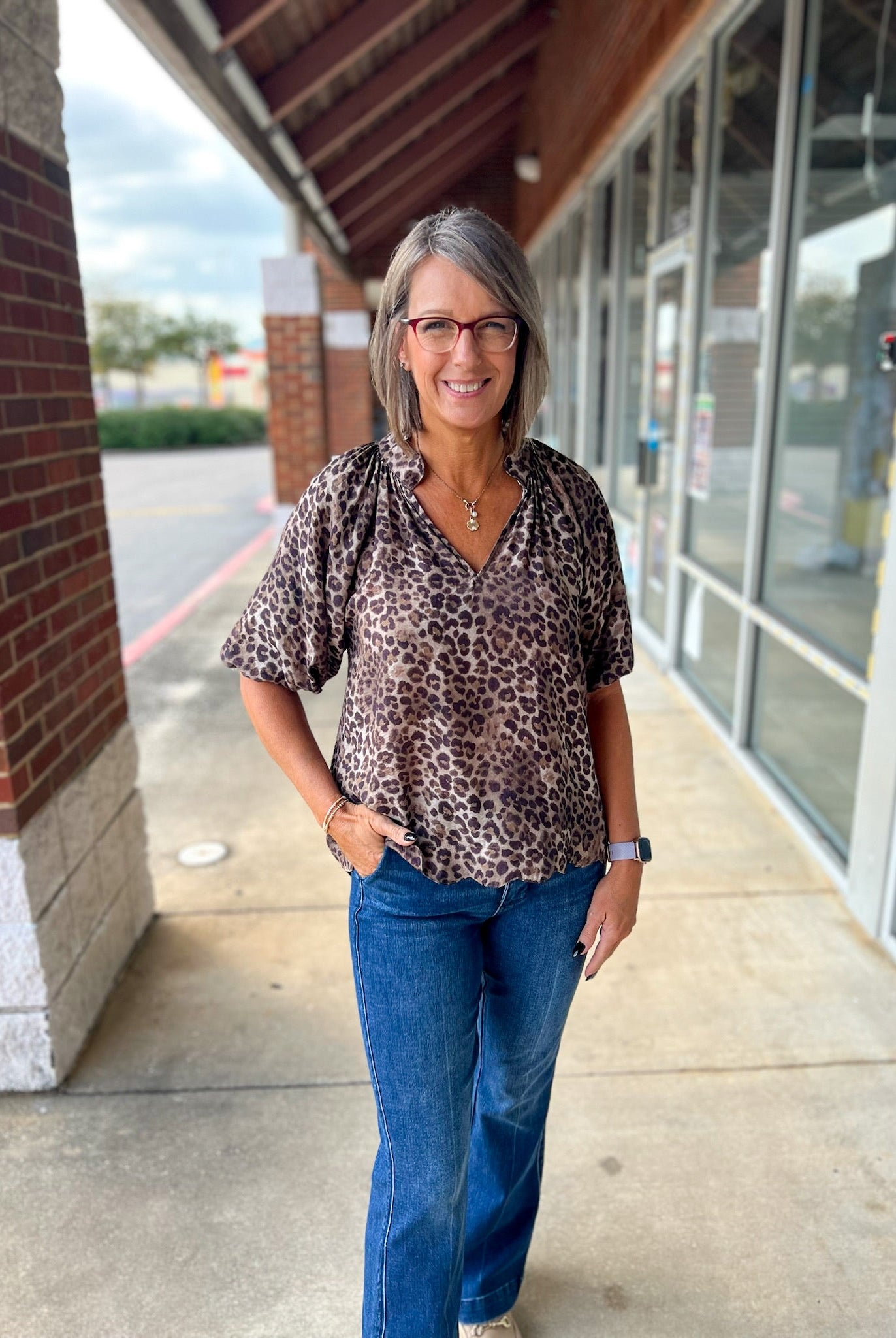 Olive Animal Print Bubble Sleeve V - Neck Top with Scalloped Hem (R) - A'Bekah's Boutique