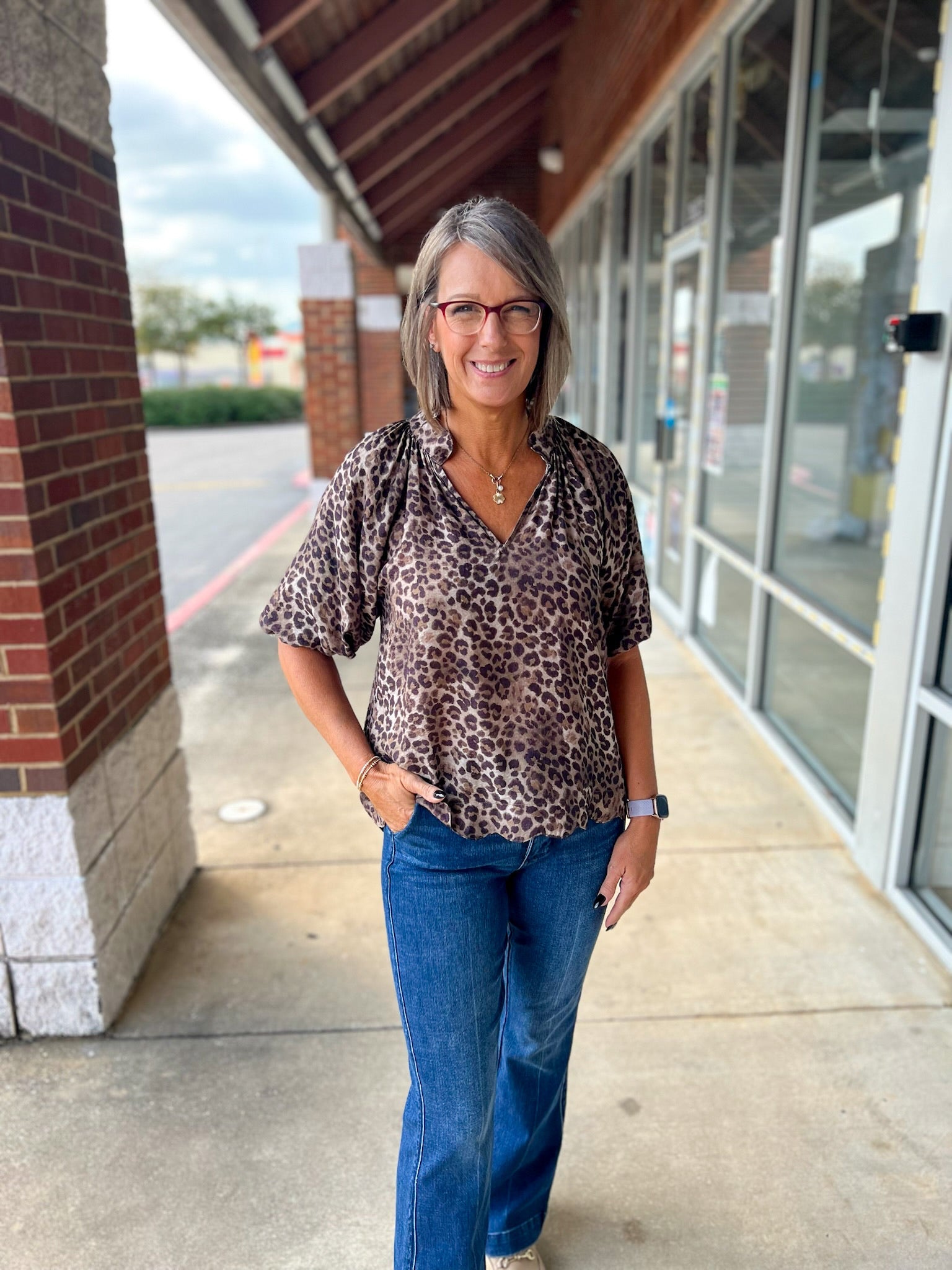 Olive Animal Print Bubble Sleeve V - Neck Top with Scalloped Hem (R) - A'Bekah's Boutique