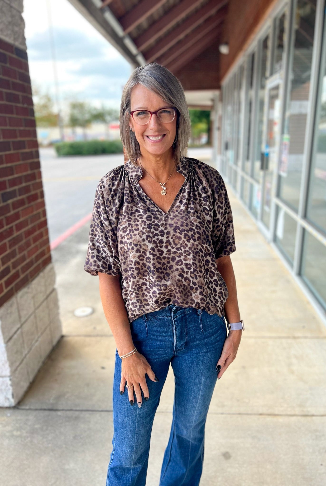 Olive Animal Print Bubble Sleeve V - Neck Top with Scalloped Hem (R) - A'Bekah's Boutique