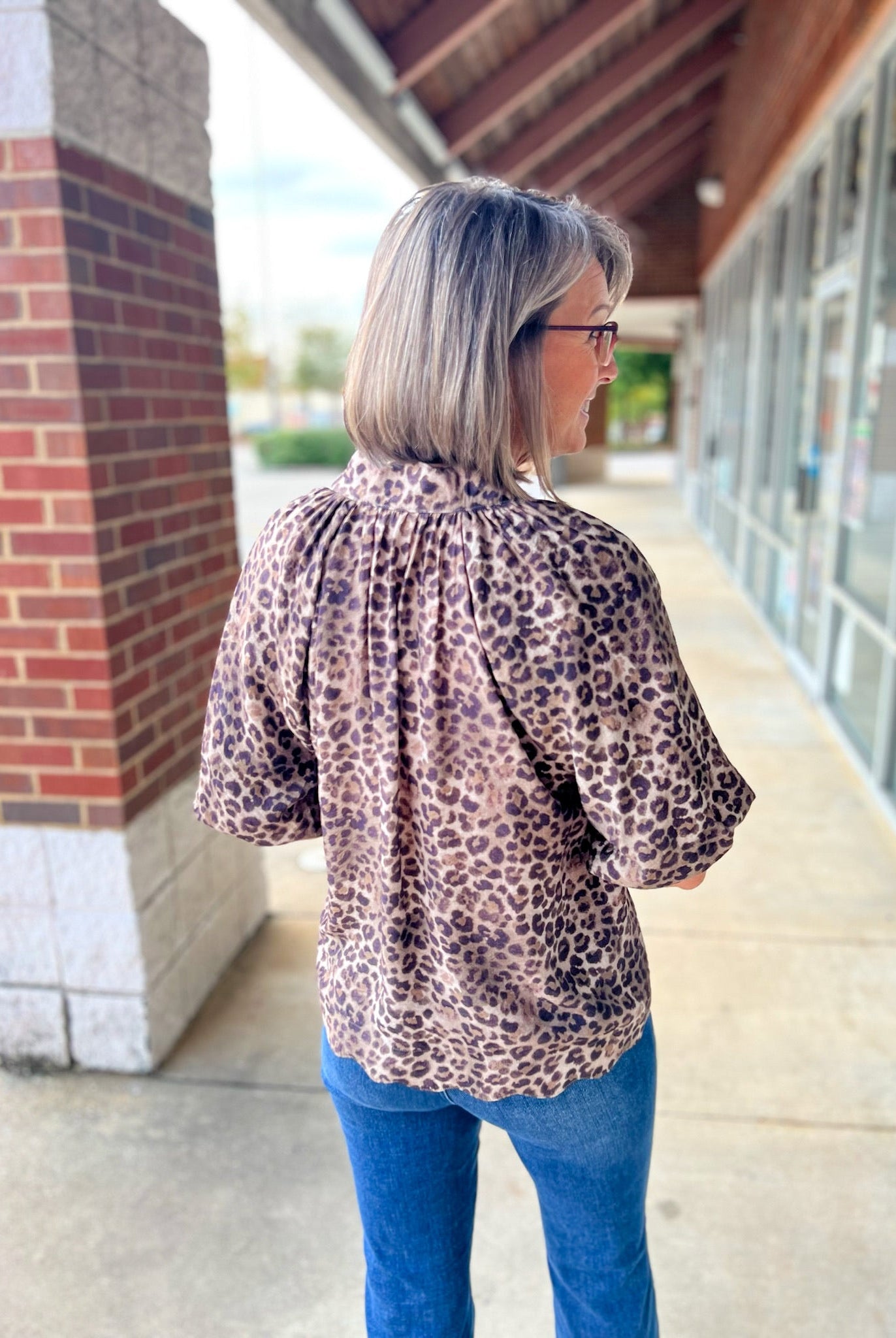 Olive Animal Print Bubble Sleeve V - Neck Top with Scalloped Hem (R) - A'Bekah's Boutique