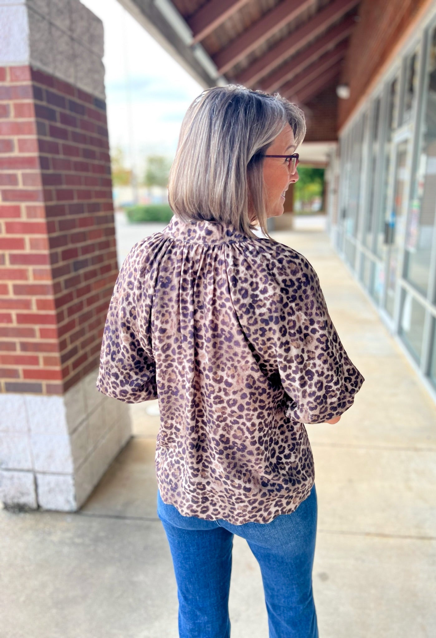 Olive Animal Print Bubble Sleeve V - Neck Top with Scalloped Hem (R) - A'Bekah's Boutique