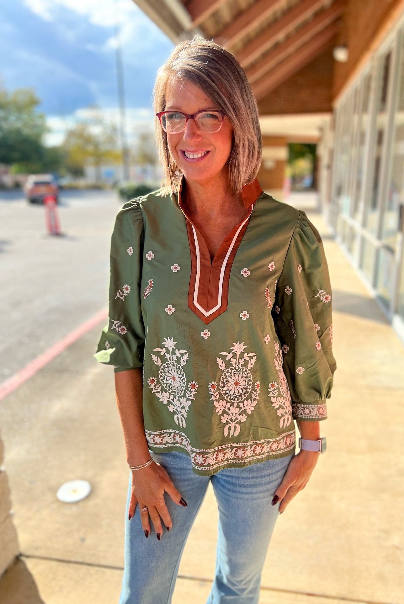 Olive Floral Embroidered 3/4 Puff Sleeve Top - A'Bekah's Boutique
