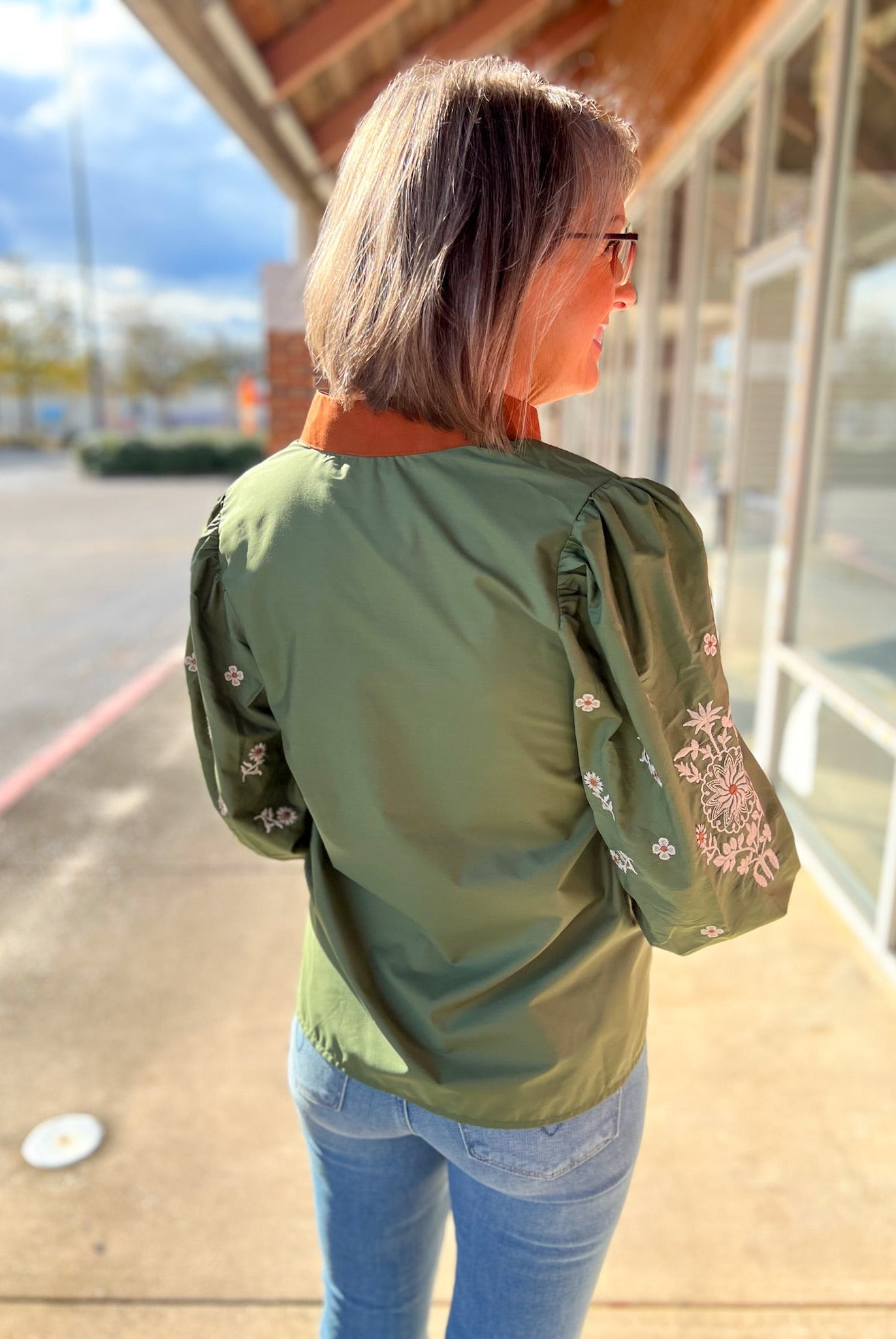 Olive Floral Embroidered 3/4 Puff Sleeve Top - A'Bekah's Boutique
