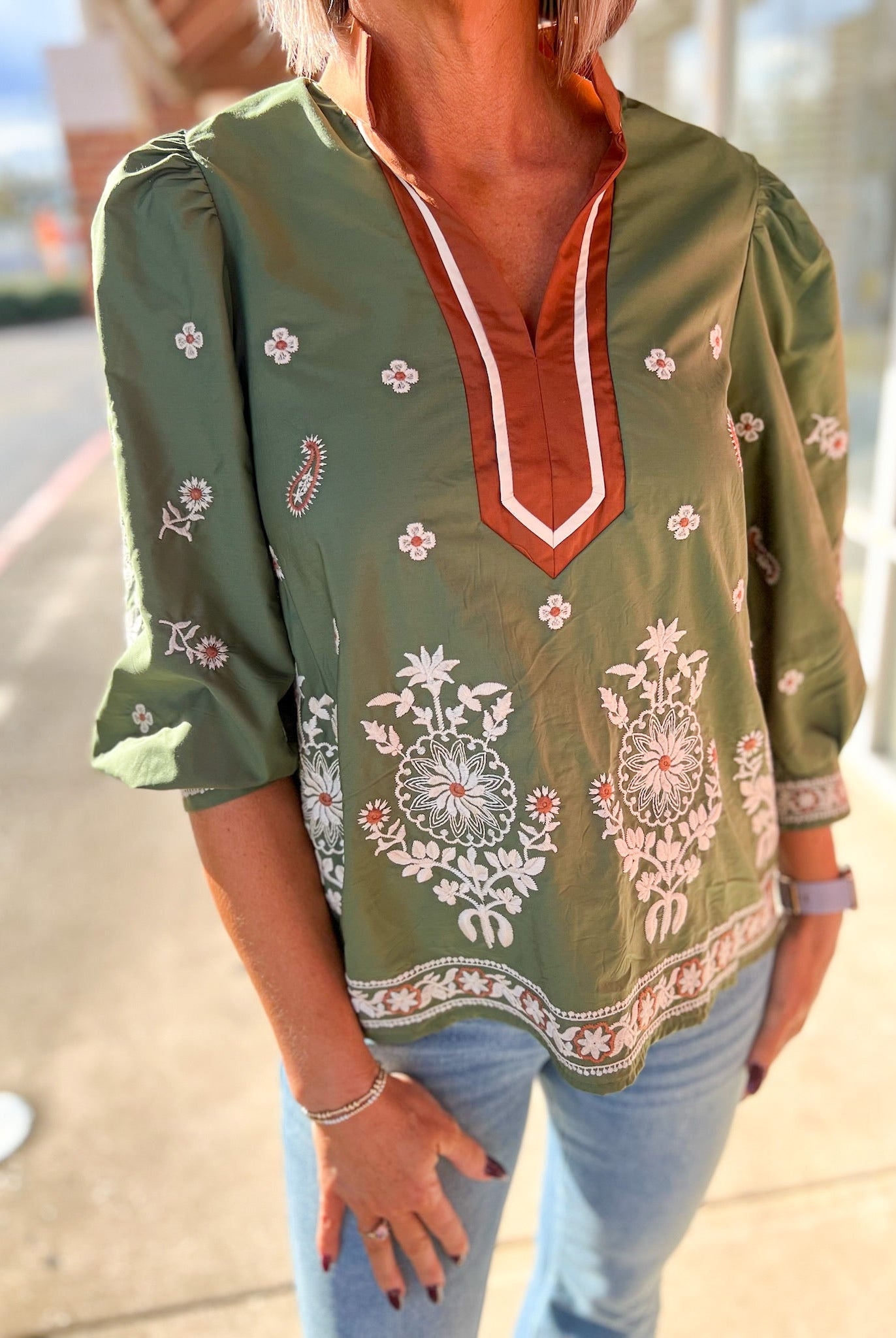 Olive Floral Embroidered 3/4 Puff Sleeve Top - A'Bekah's Boutique