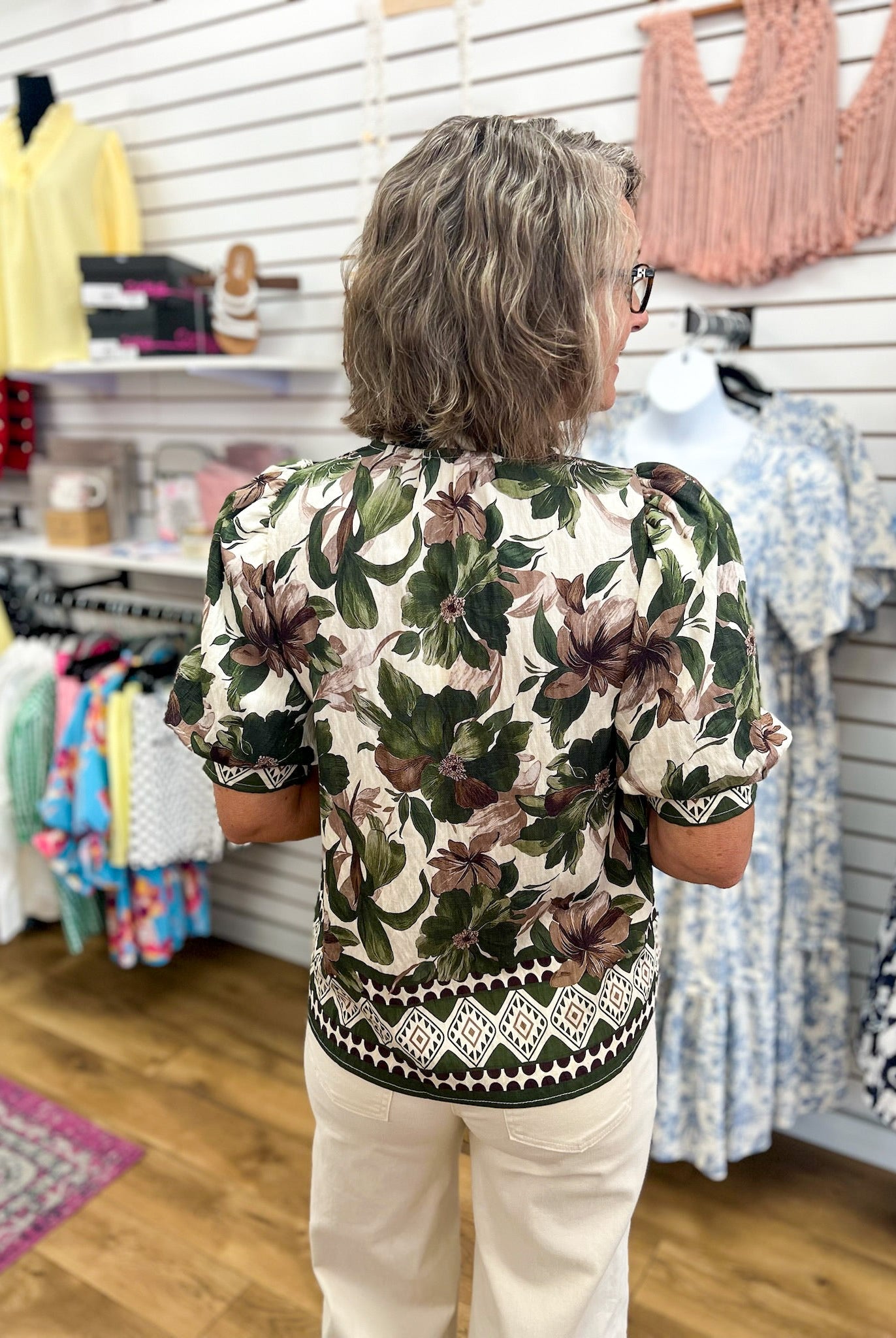 Olive Floral Top with Short Puff Sleeves - A'Bekah's Boutique