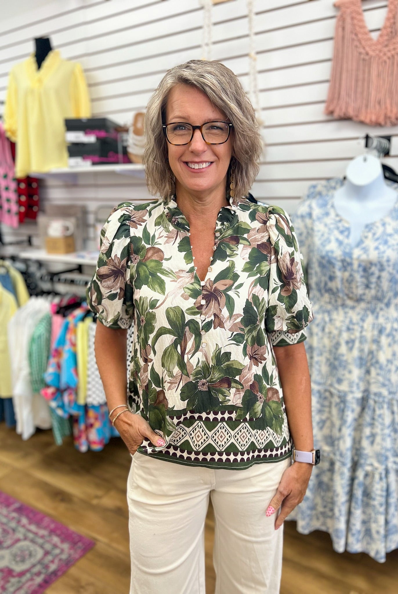 Olive Floral Top with Short Puff Sleeves - A'Bekah's Boutique