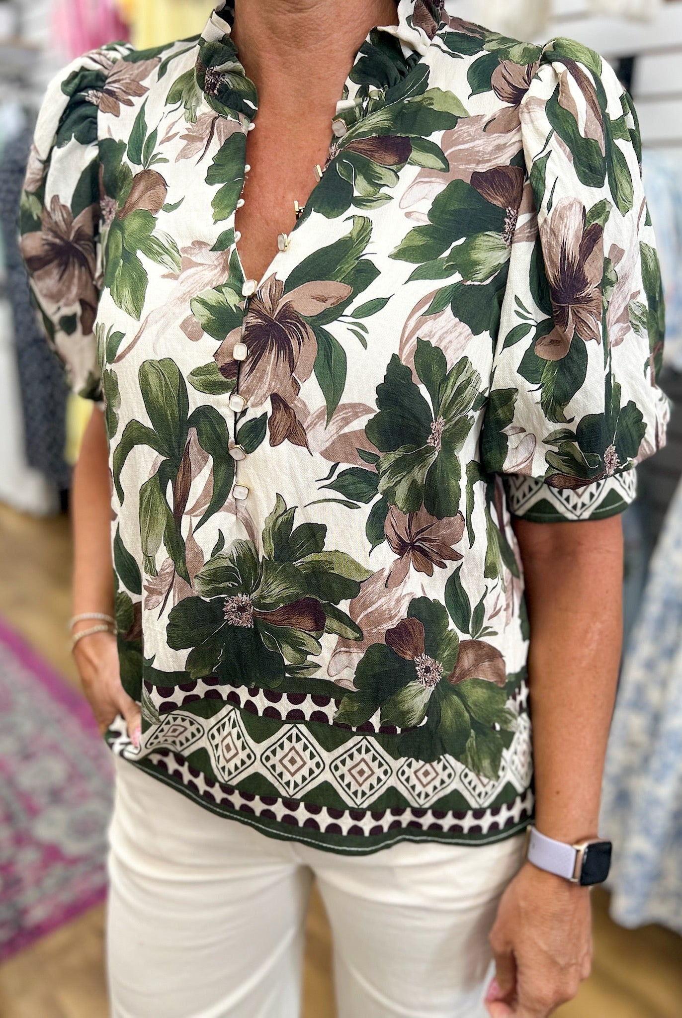 Olive Floral Top with Short Puff Sleeves - A'Bekah's Boutique