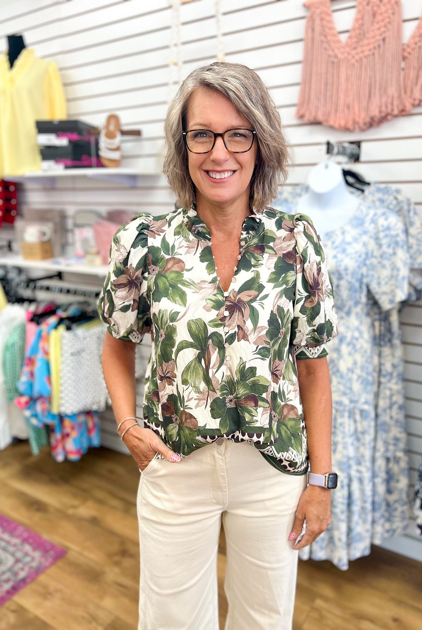 Olive Floral Top with Short Puff Sleeves - A'Bekah's Boutique