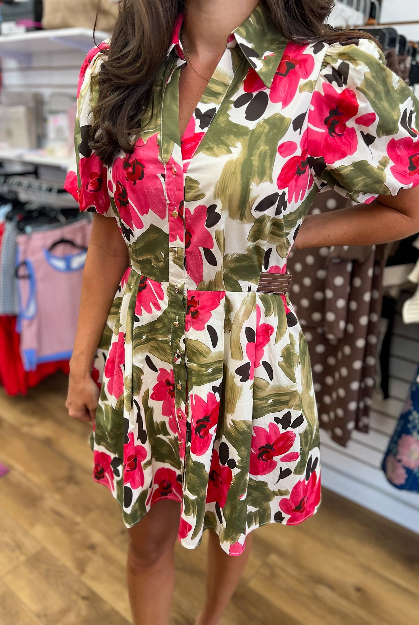 Olive Floral V-Neck Dress with Short Puff Sleeves - A'Bekah's Boutique
