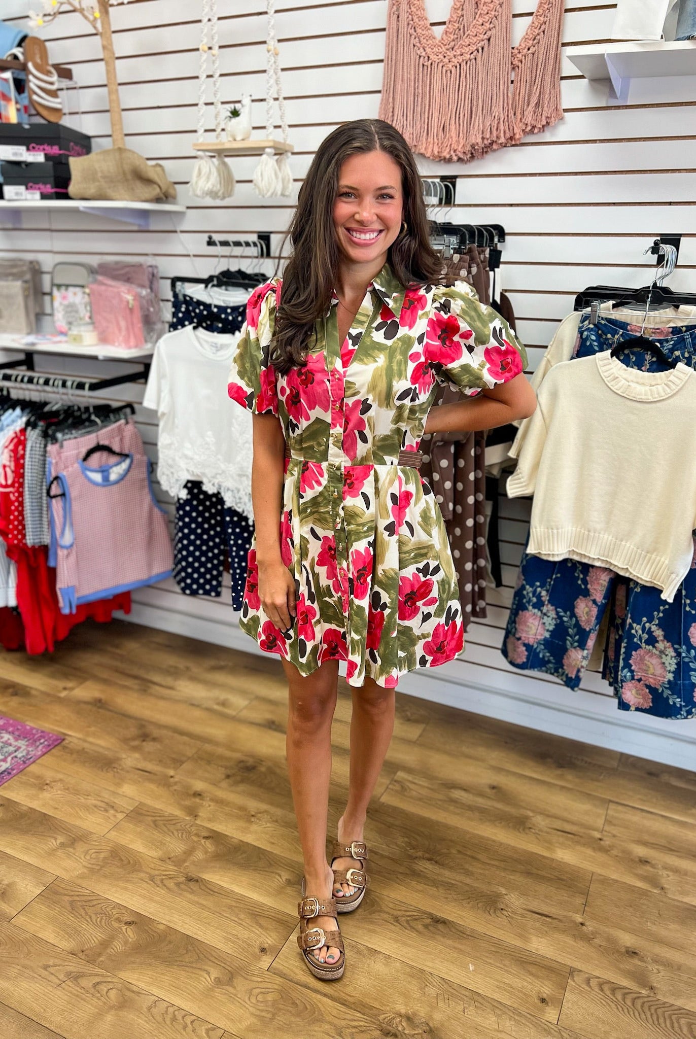 Olive Floral V-Neck Dress with Short Puff Sleeves - A'Bekah's Boutique