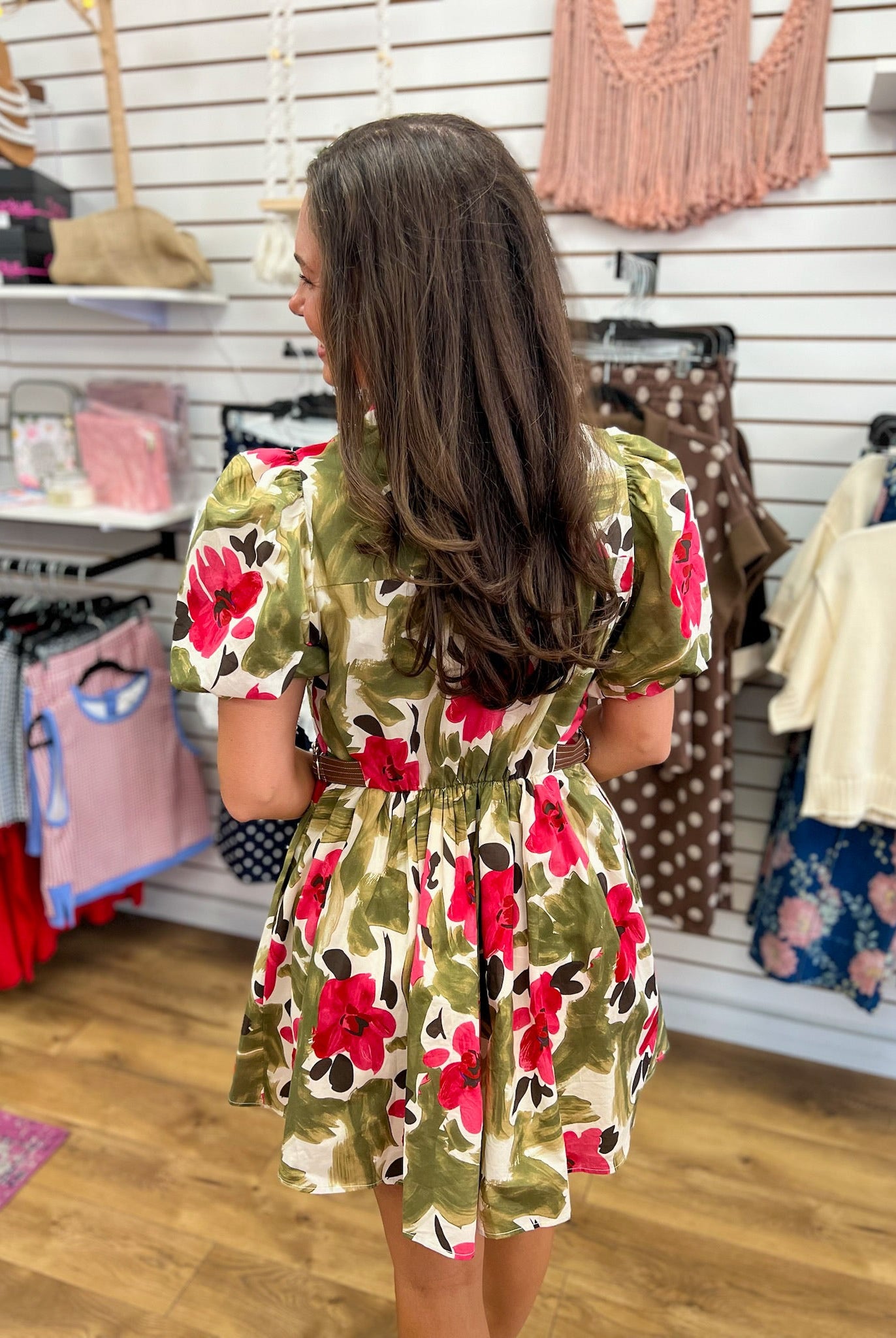 Olive Floral V-Neck Dress with Short Puff Sleeves - A'Bekah's Boutique