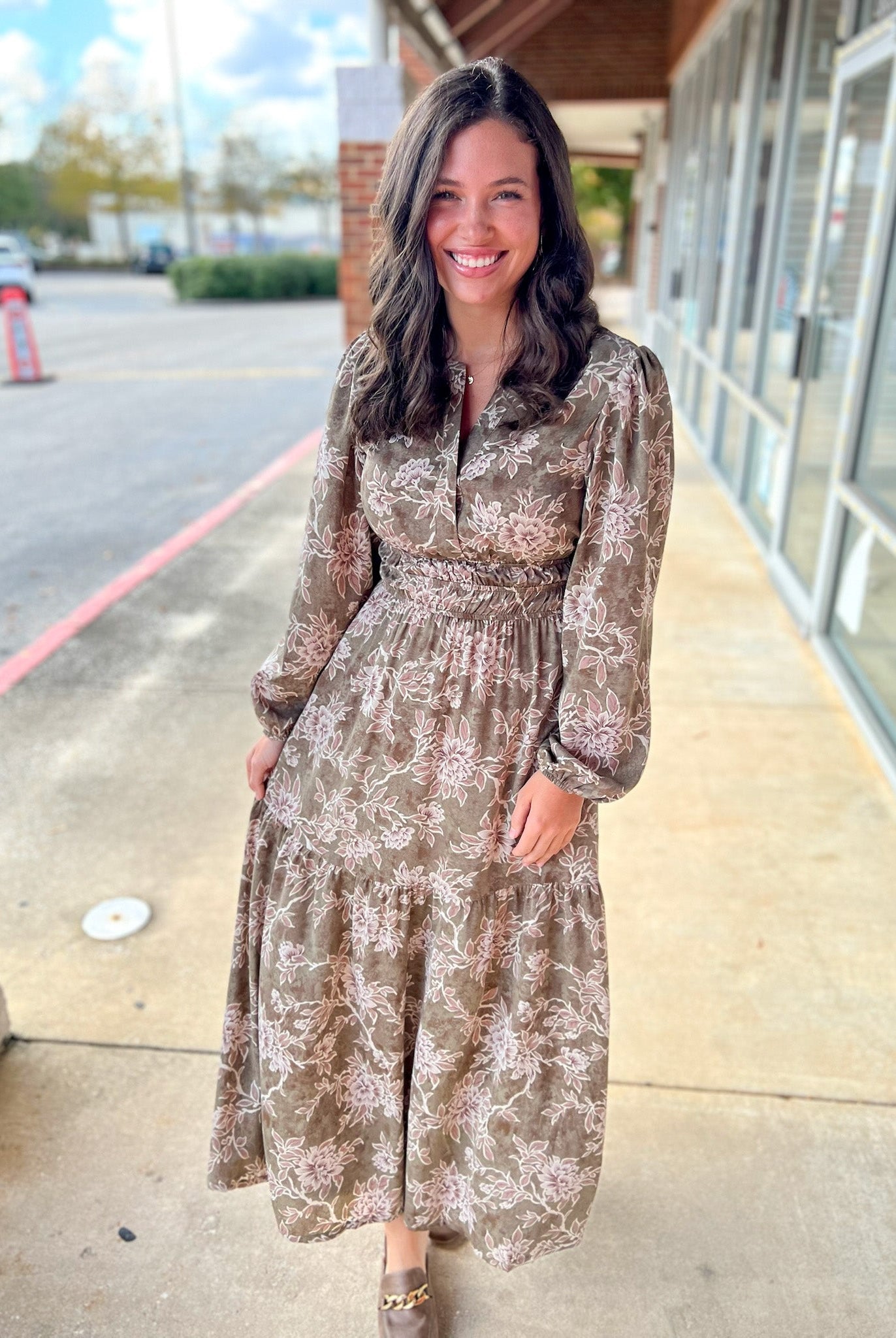 Olive Floral V - Neck Long Sleeve Maxi Dress with Smocked Waist - A'Bekah's Boutique