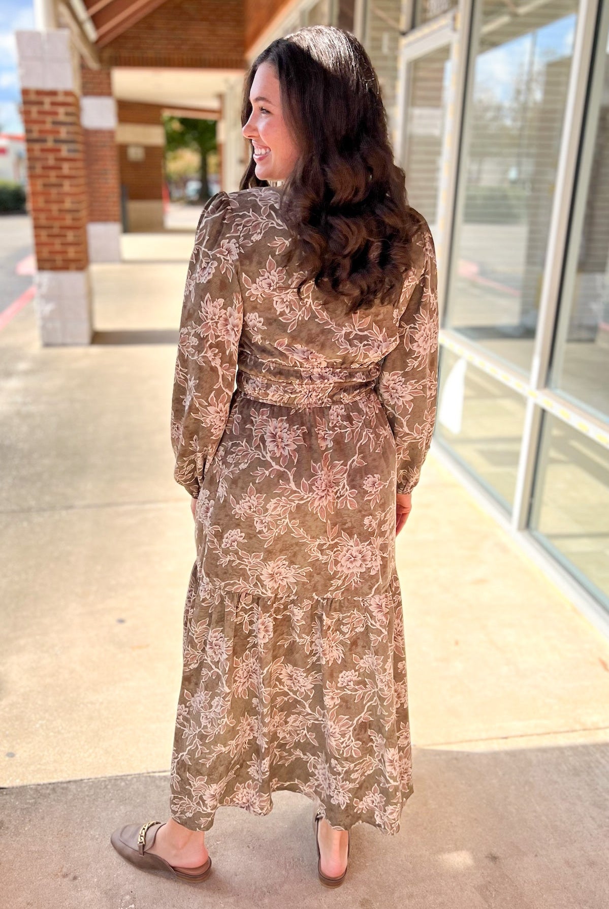 Olive Floral V - Neck Long Sleeve Maxi Dress with Smocked Waist - A'Bekah's Boutique