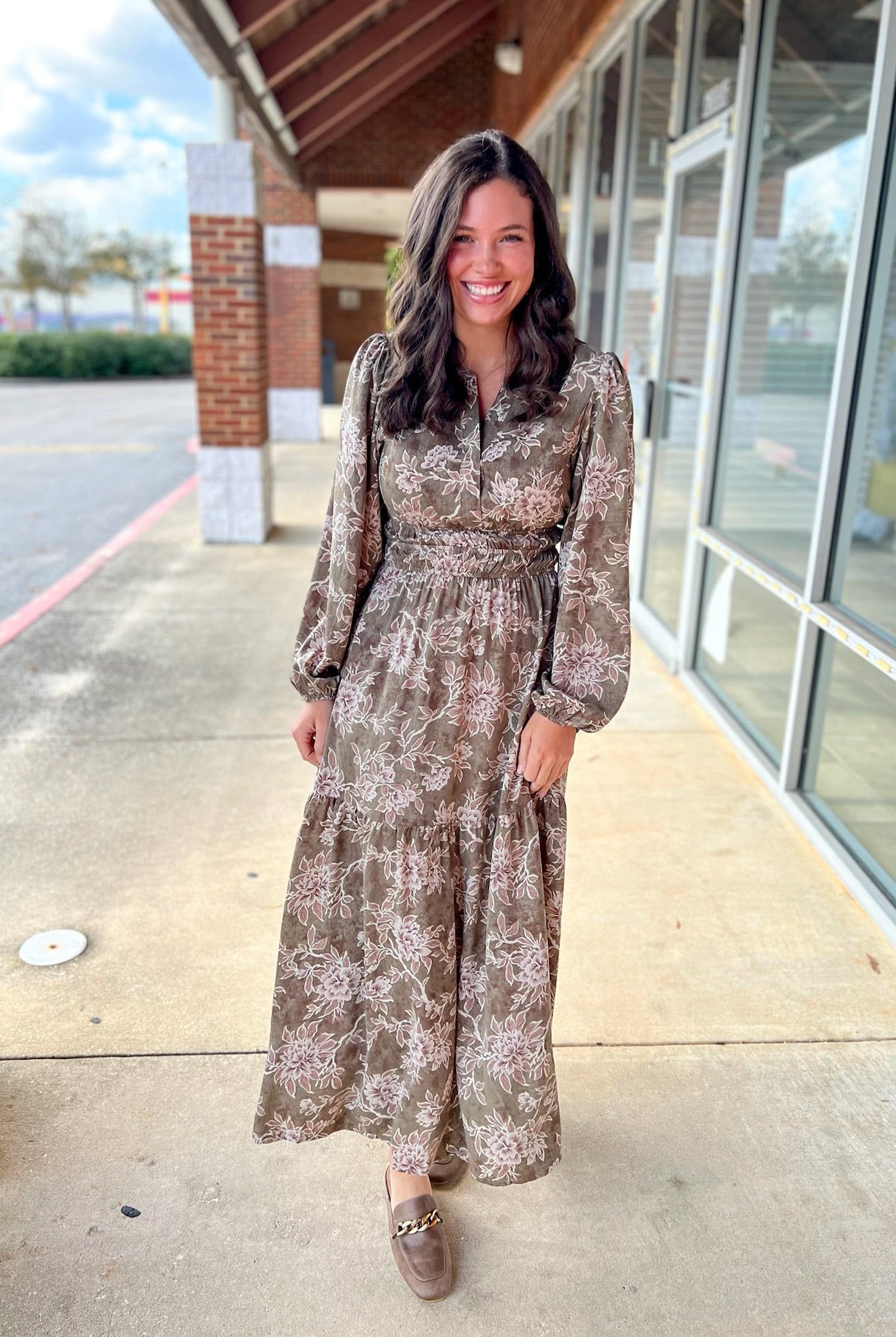 Olive Floral V - Neck Long Sleeve Maxi Dress with Smocked Waist - A'Bekah's Boutique