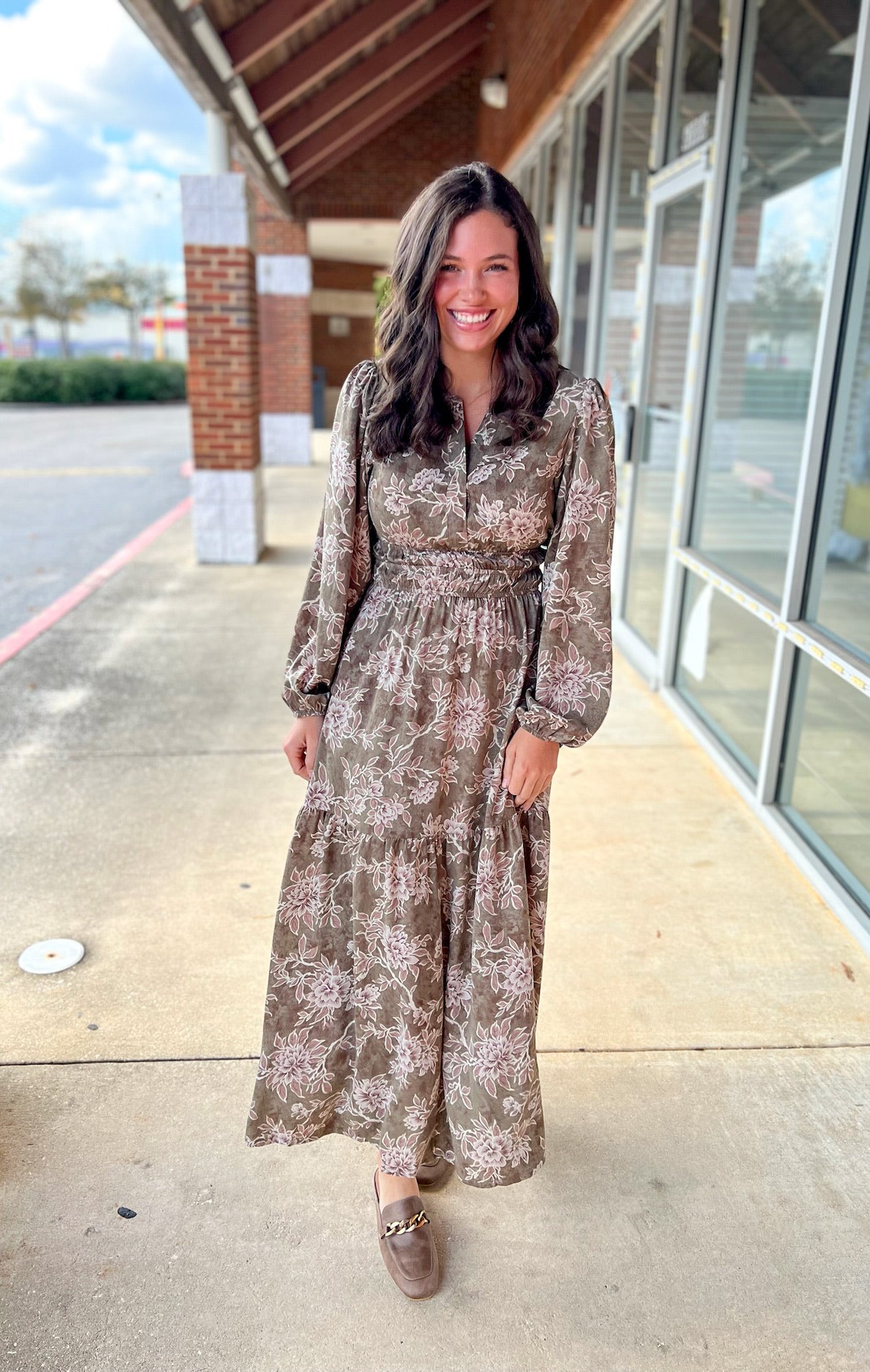 Olive Floral V - Neck Long Sleeve Maxi Dress with Smocked Waist - A'Bekah's Boutique