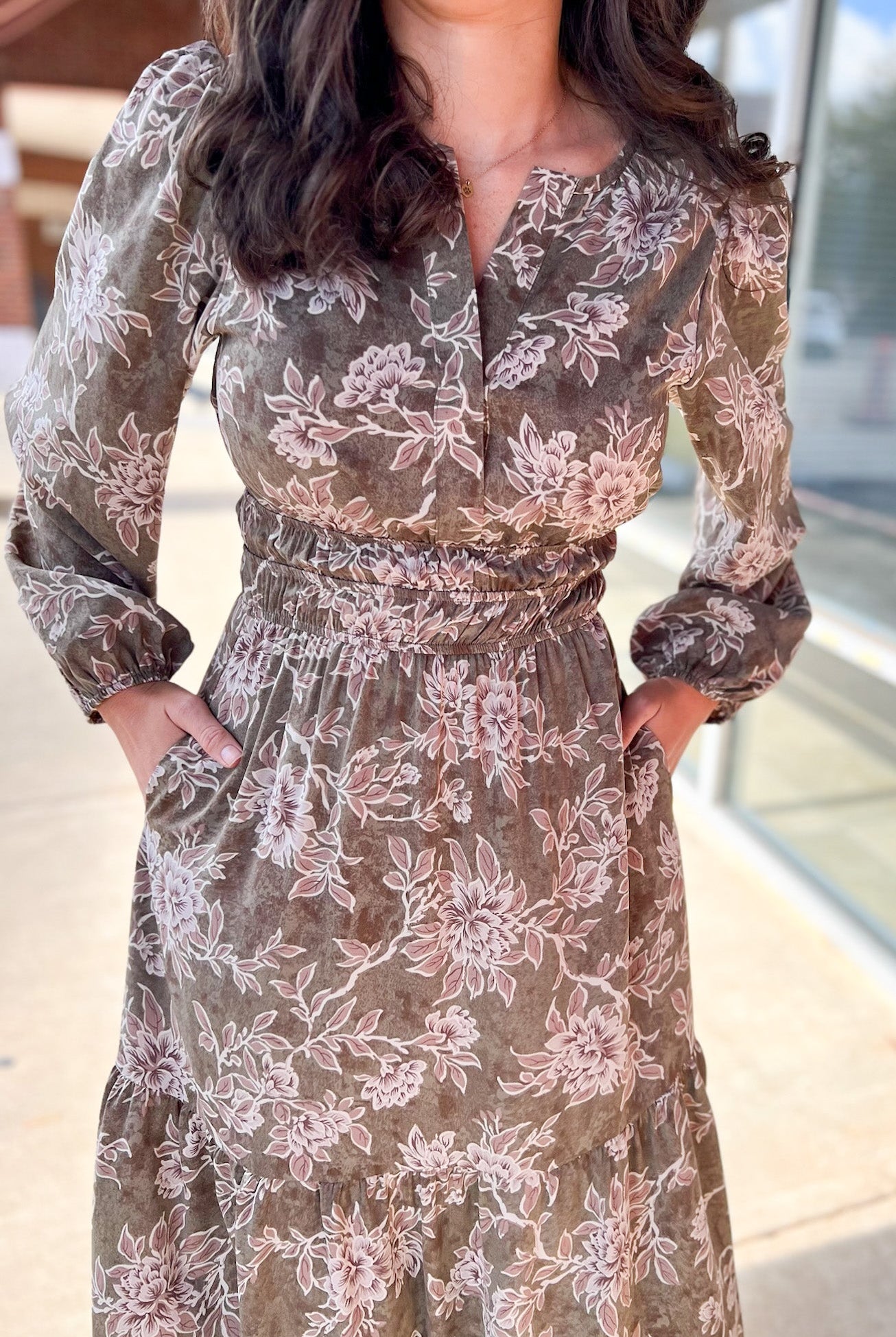 Olive Floral V - Neck Long Sleeve Maxi Dress with Smocked Waist - A'Bekah's Boutique