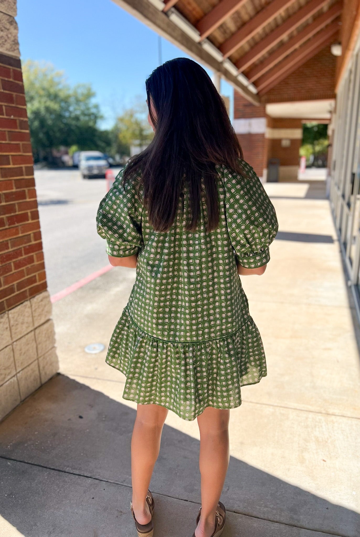 Olive Geometric Print Short Puff Sleeve Dress - A'Bekah's Boutique