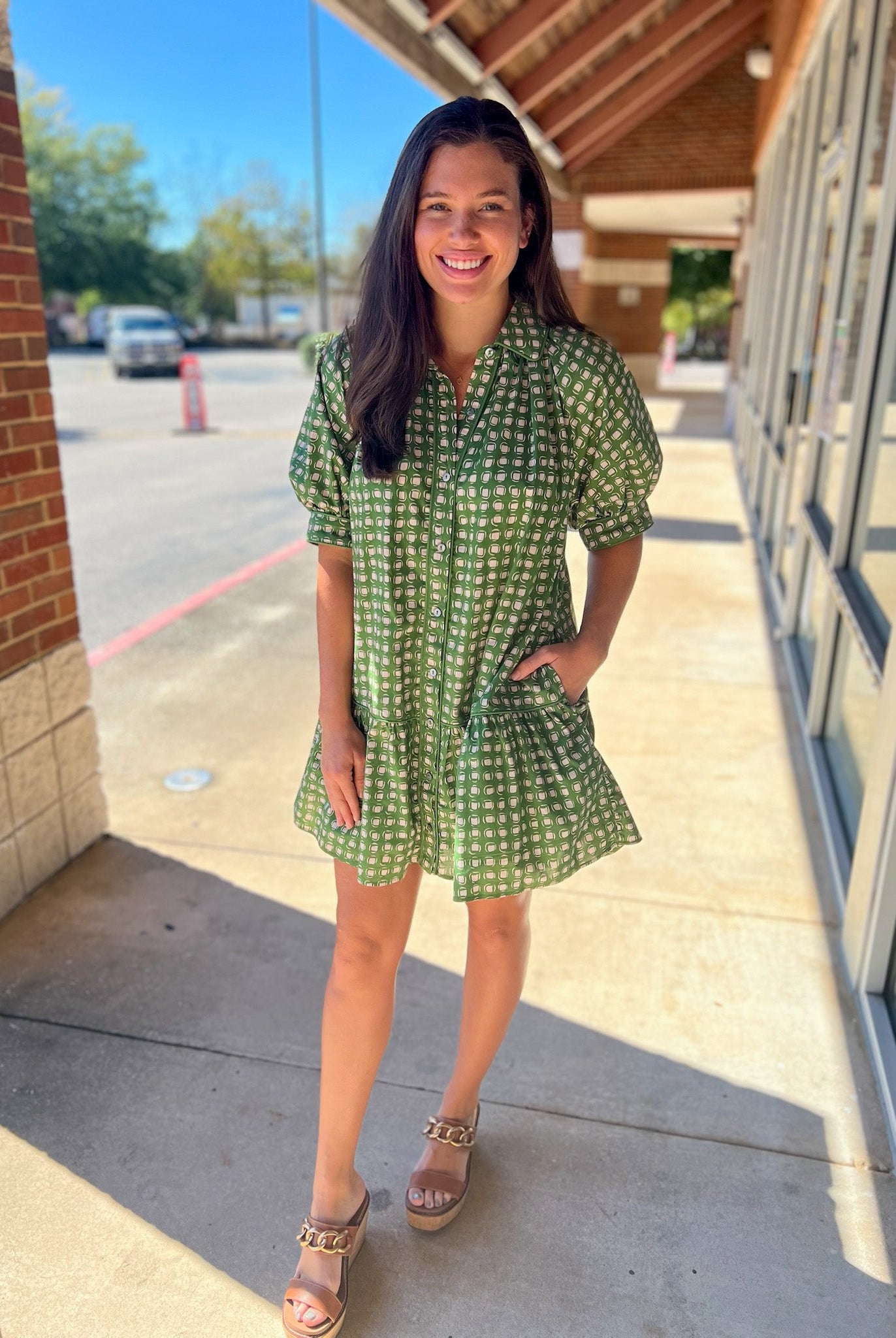Olive Geometric Print Short Puff Sleeve Dress - A'Bekah's Boutique