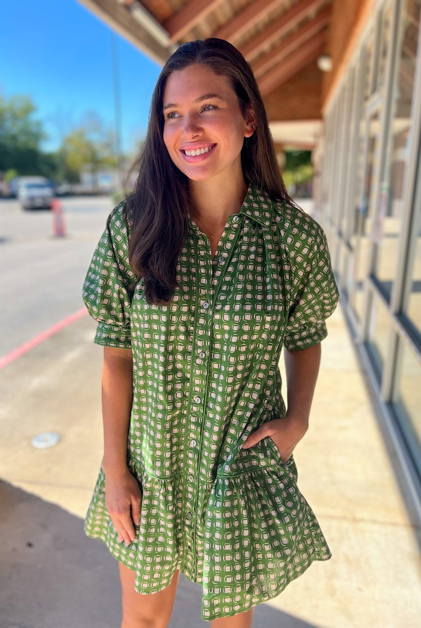 Olive Geometric Print Short Puff Sleeve Dress - A'Bekah's Boutique