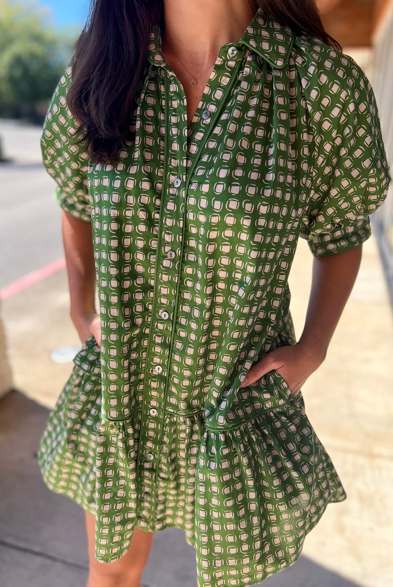 Olive Geometric Print Short Puff Sleeve Dress - A'Bekah's Boutique