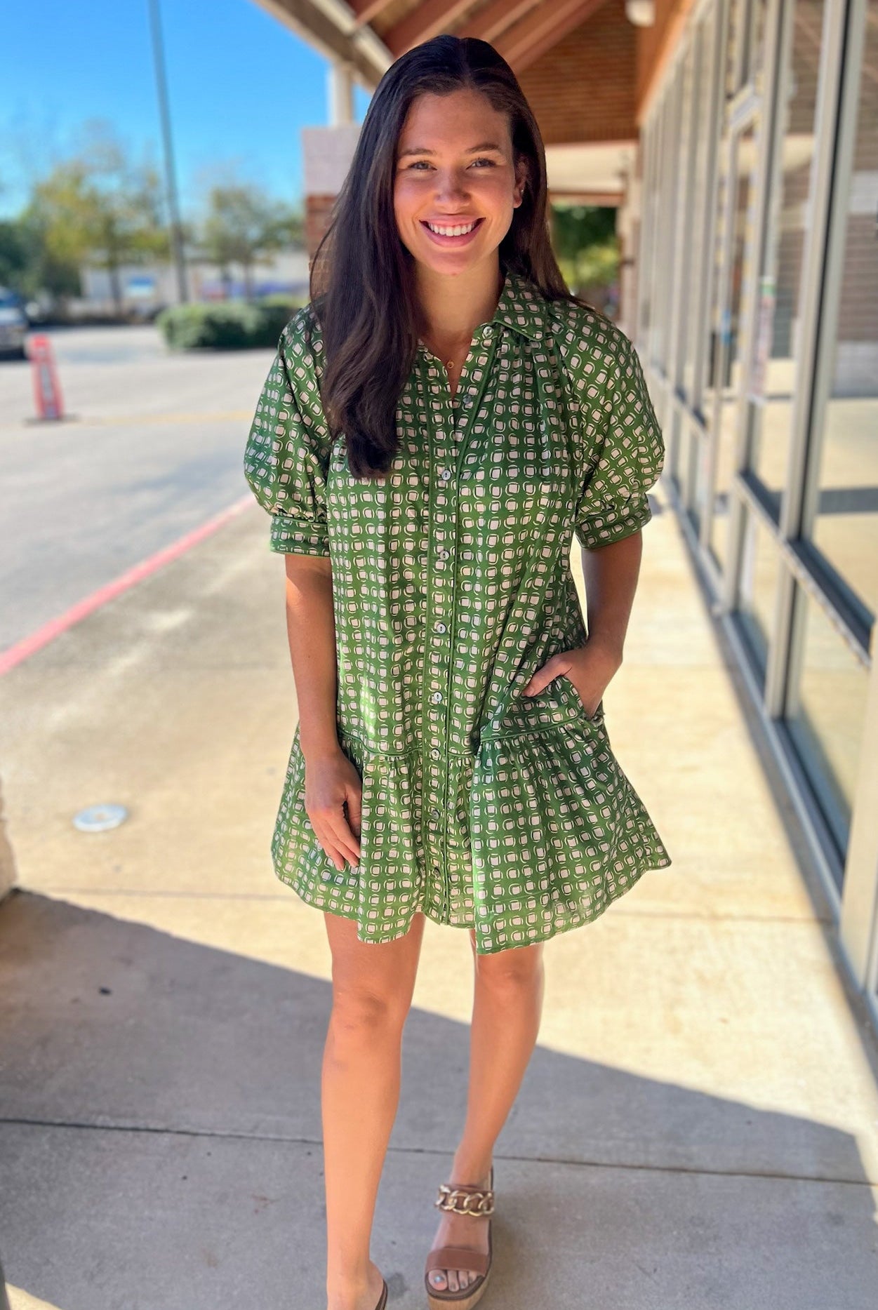 Olive Geometric Print Short Puff Sleeve Dress - A'Bekah's Boutique