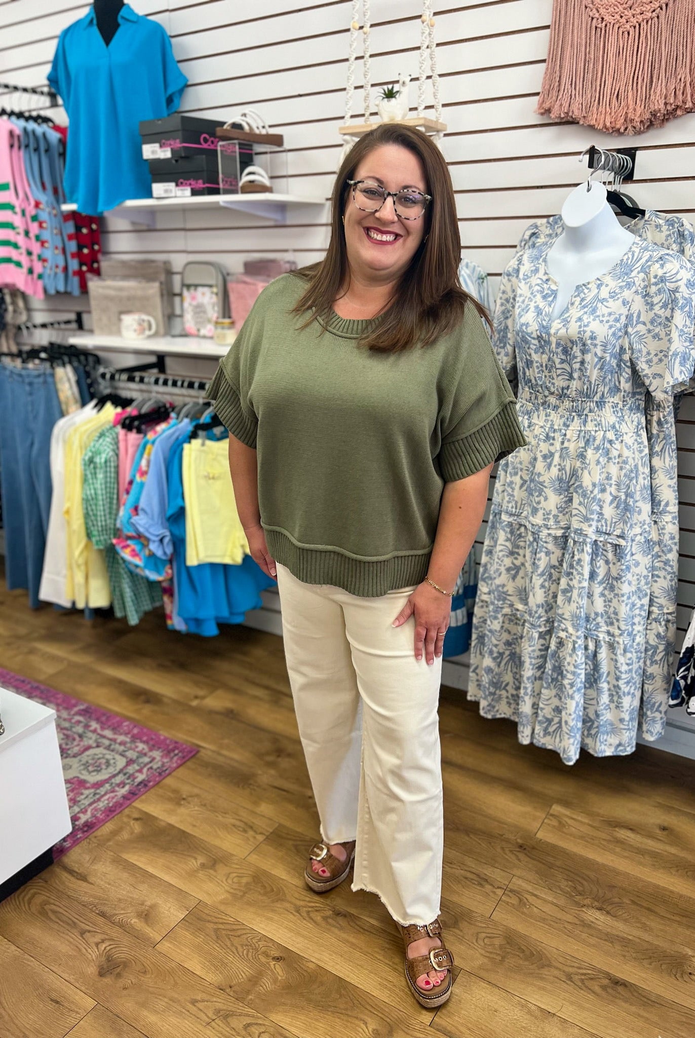 Olive Green Drop Shoulder Half Sleeve Sweater - A'Bekah's Boutique