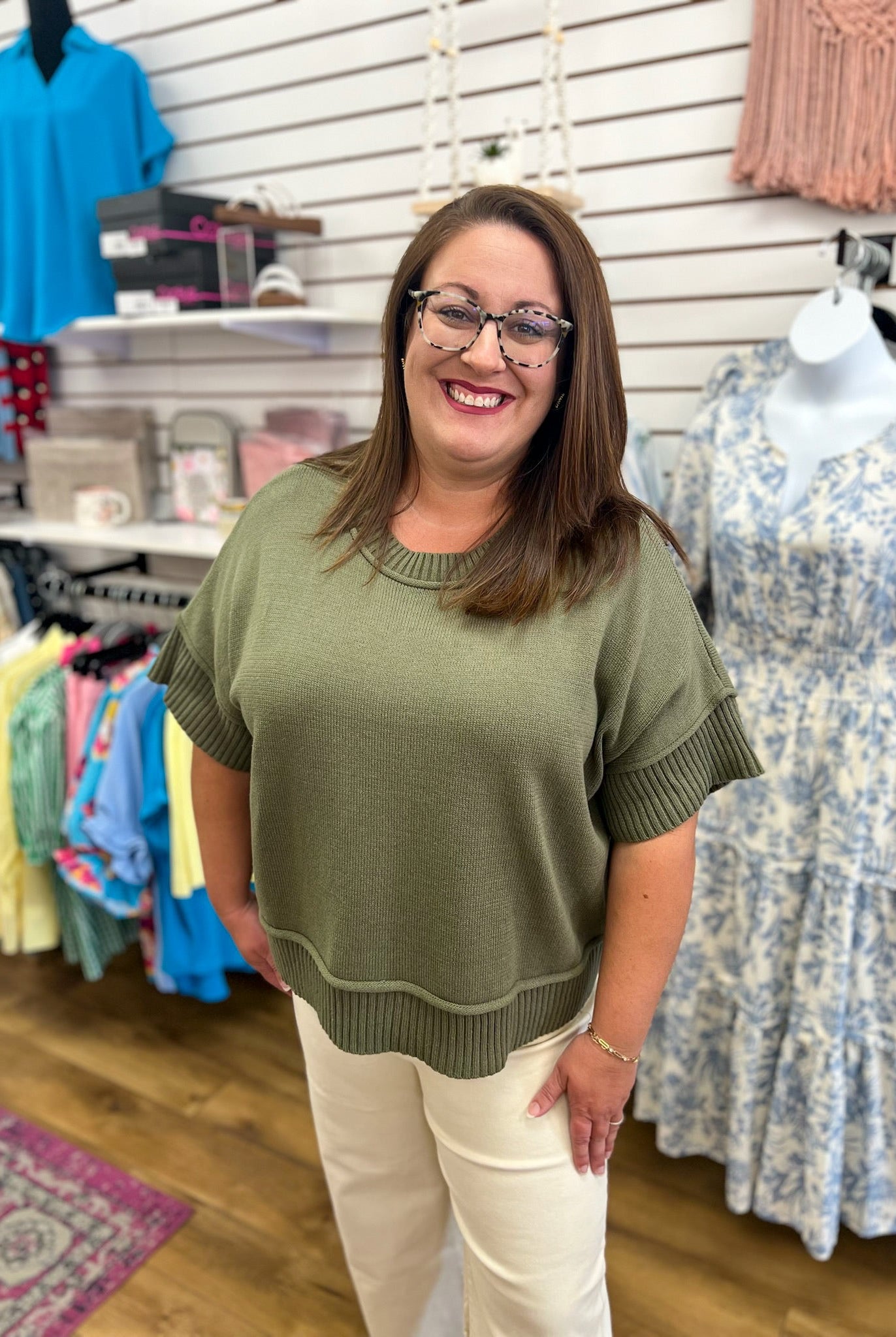 Olive Green Drop Shoulder Half Sleeve Sweater - A'Bekah's Boutique