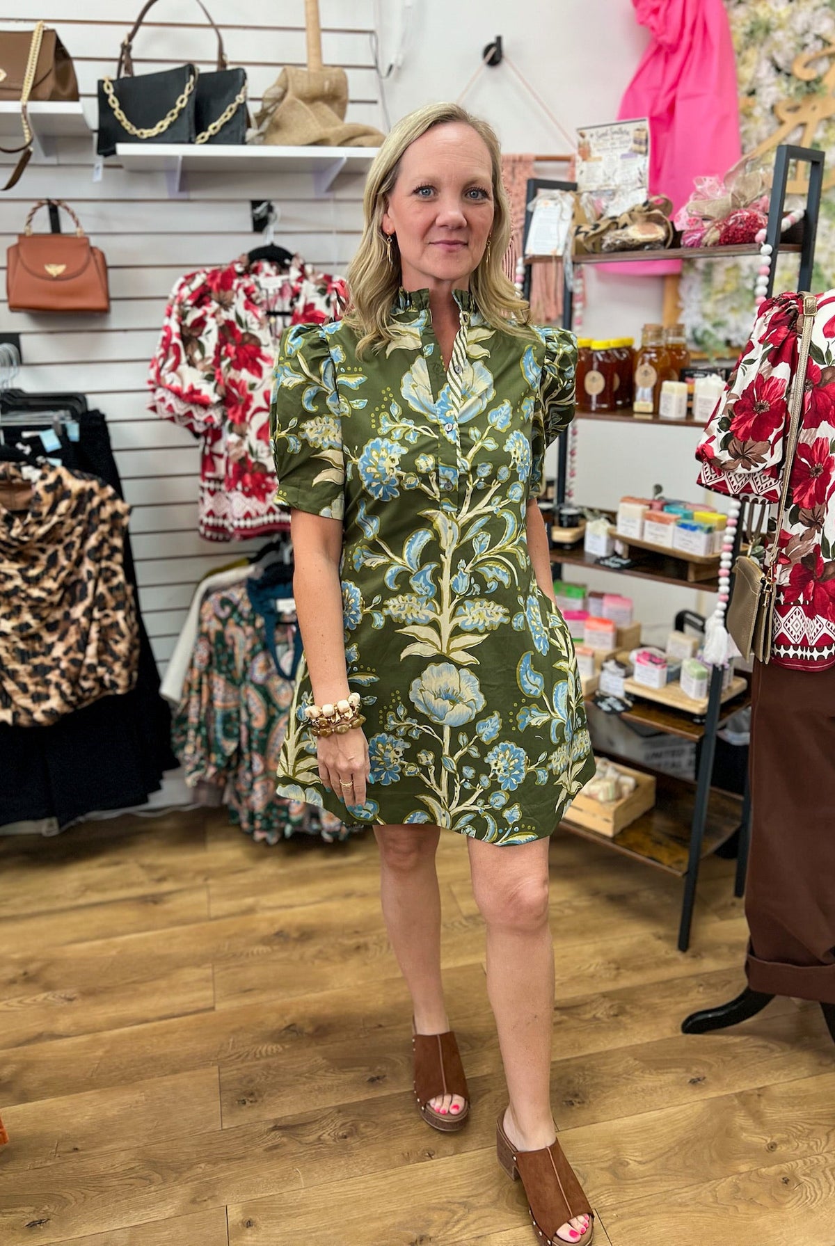 Olive Green Floral Dress with Short Puff Sleeves - A'Bekah's Boutique