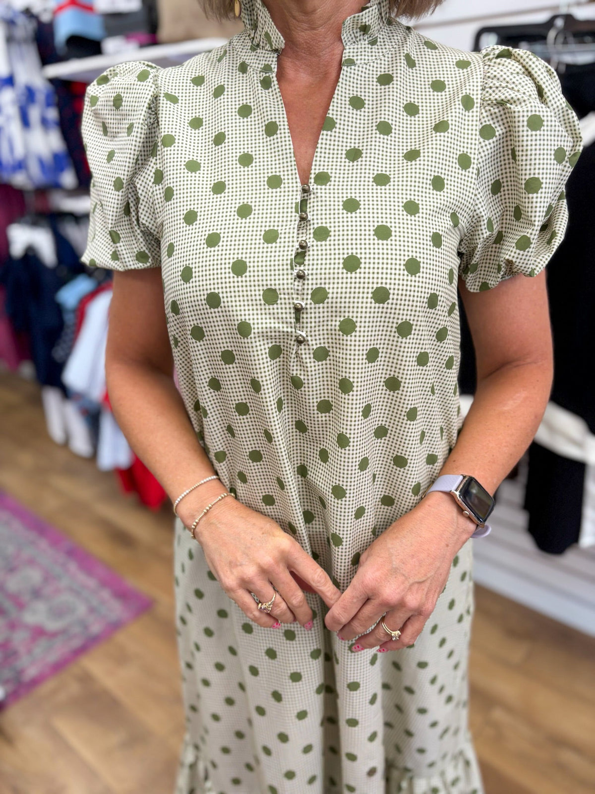 Olive Green Polka Dot Midi Dress with Short Puff Sleeves - A'Bekah's Boutique