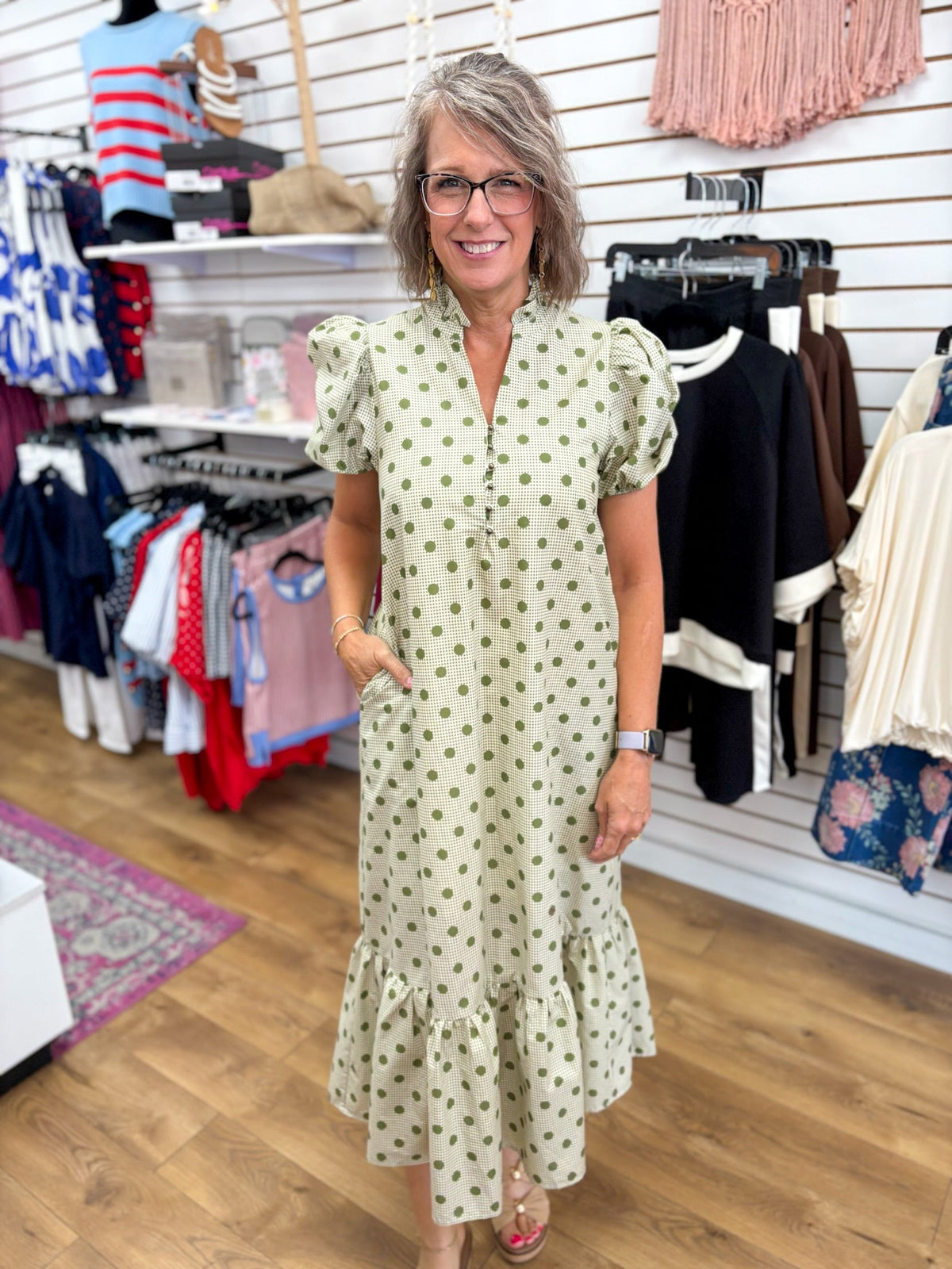 Olive Green Polka Dot Midi Dress with Short Puff Sleeves - A'Bekah's Boutique