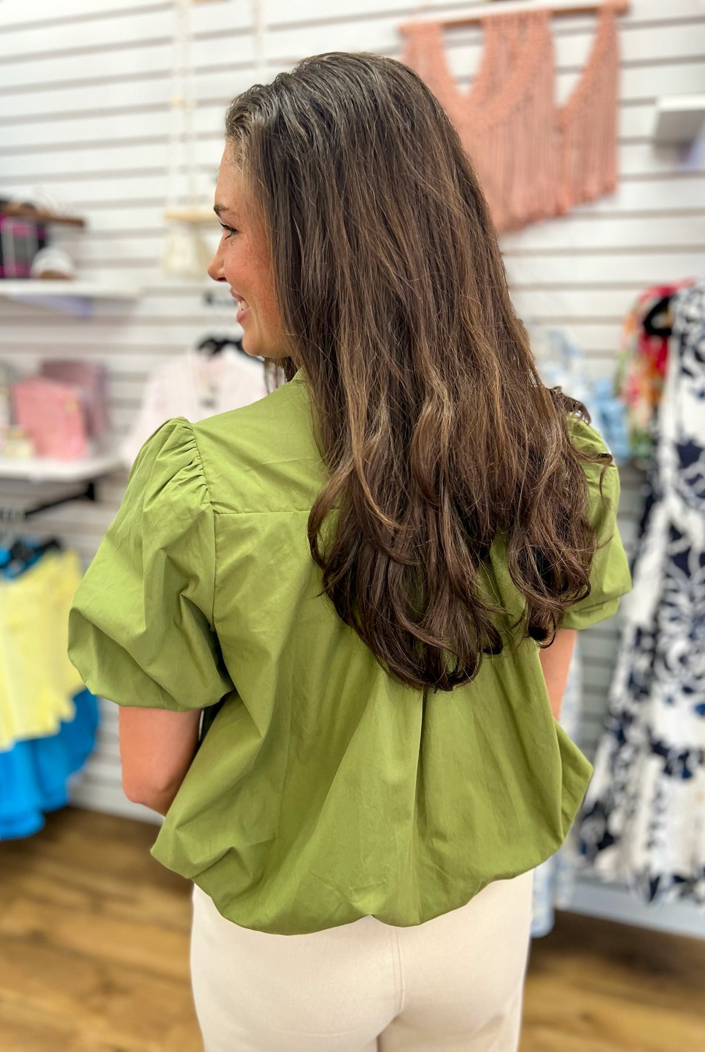 Olive Green Short Sleeve Button Up Top with Bubble Hem - A'Bekah's Boutique