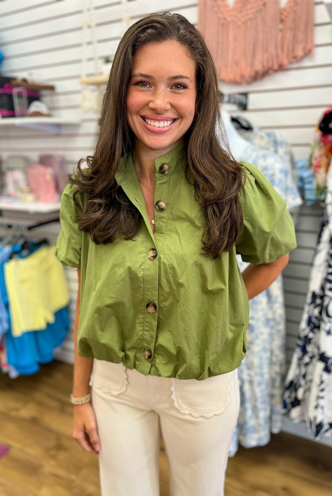 Olive Green Short Sleeve Button Up Top with Bubble Hem - A'Bekah's Boutique