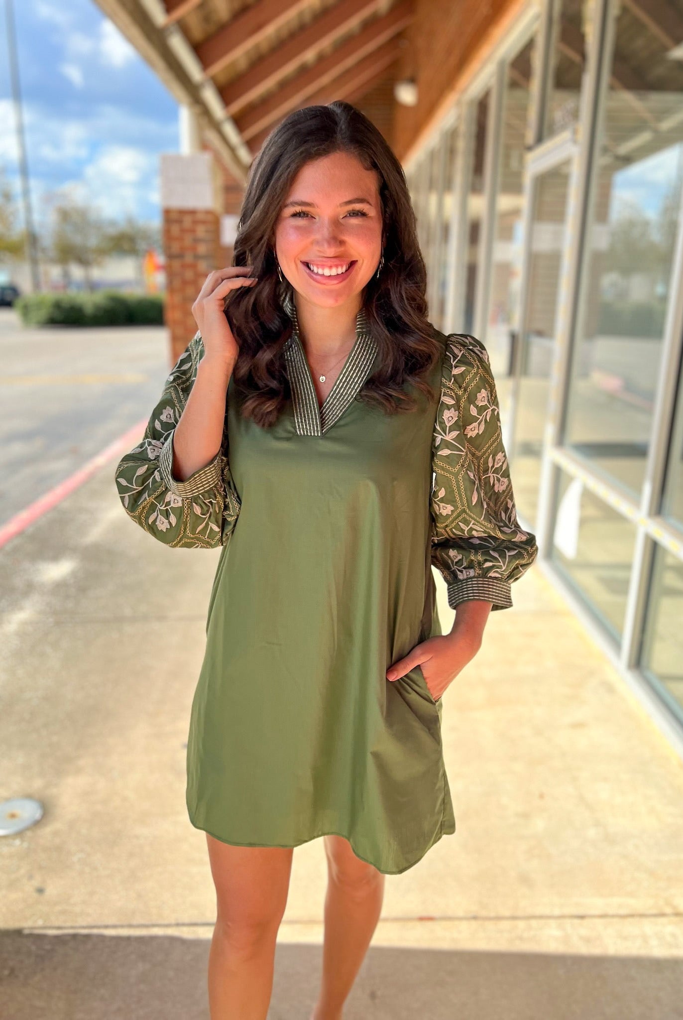 Olive Green V - Neck Dress with Textured Jacquard 3/4 Sleeves - A'Bekah's Boutique